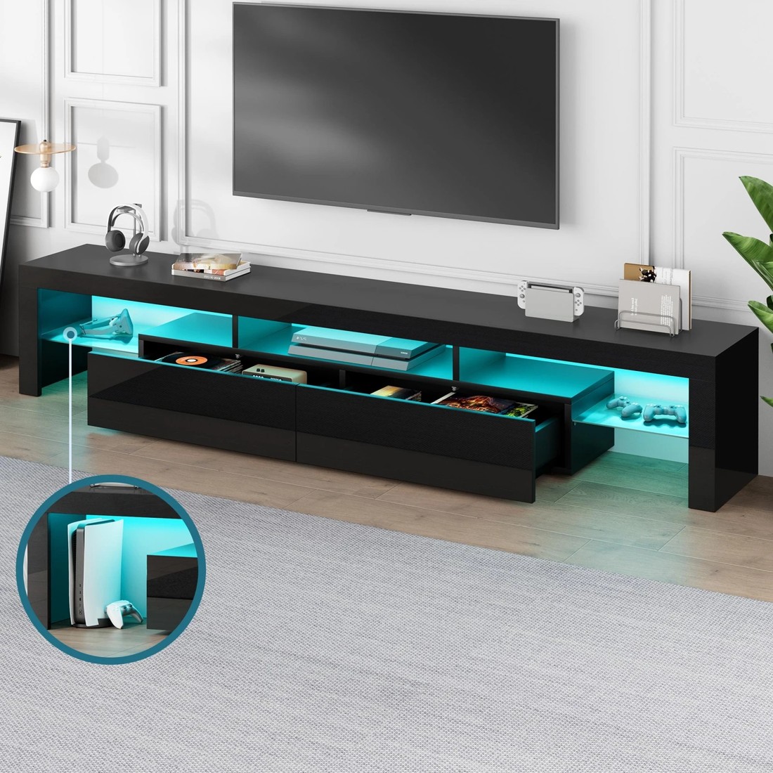 7 Alfordson Entertainment Unit 200cm TV Stand LED Light Storage Gloss - Black, 7 of 10