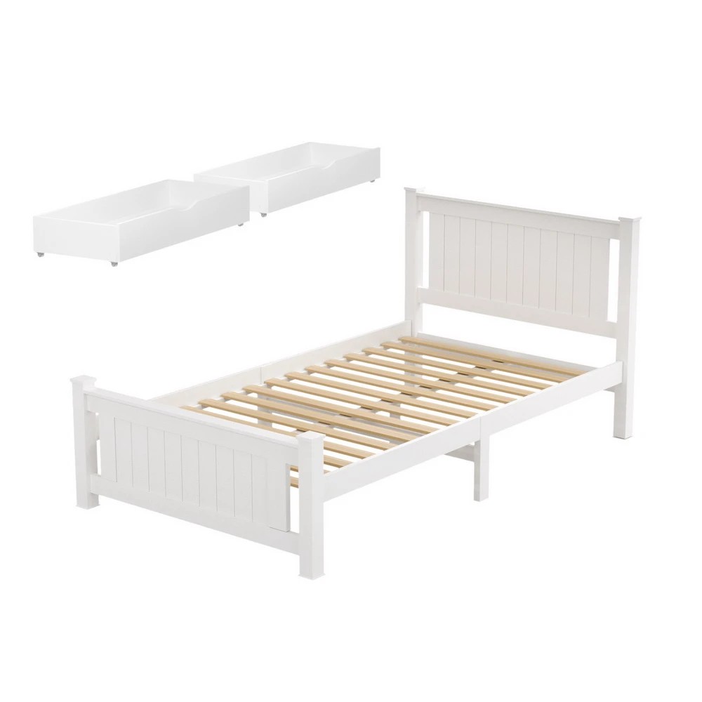1 Artiss Bed Frame King Single Size Wooden Platform with 2 Storage Drawers  RIO - White, 1 of 8