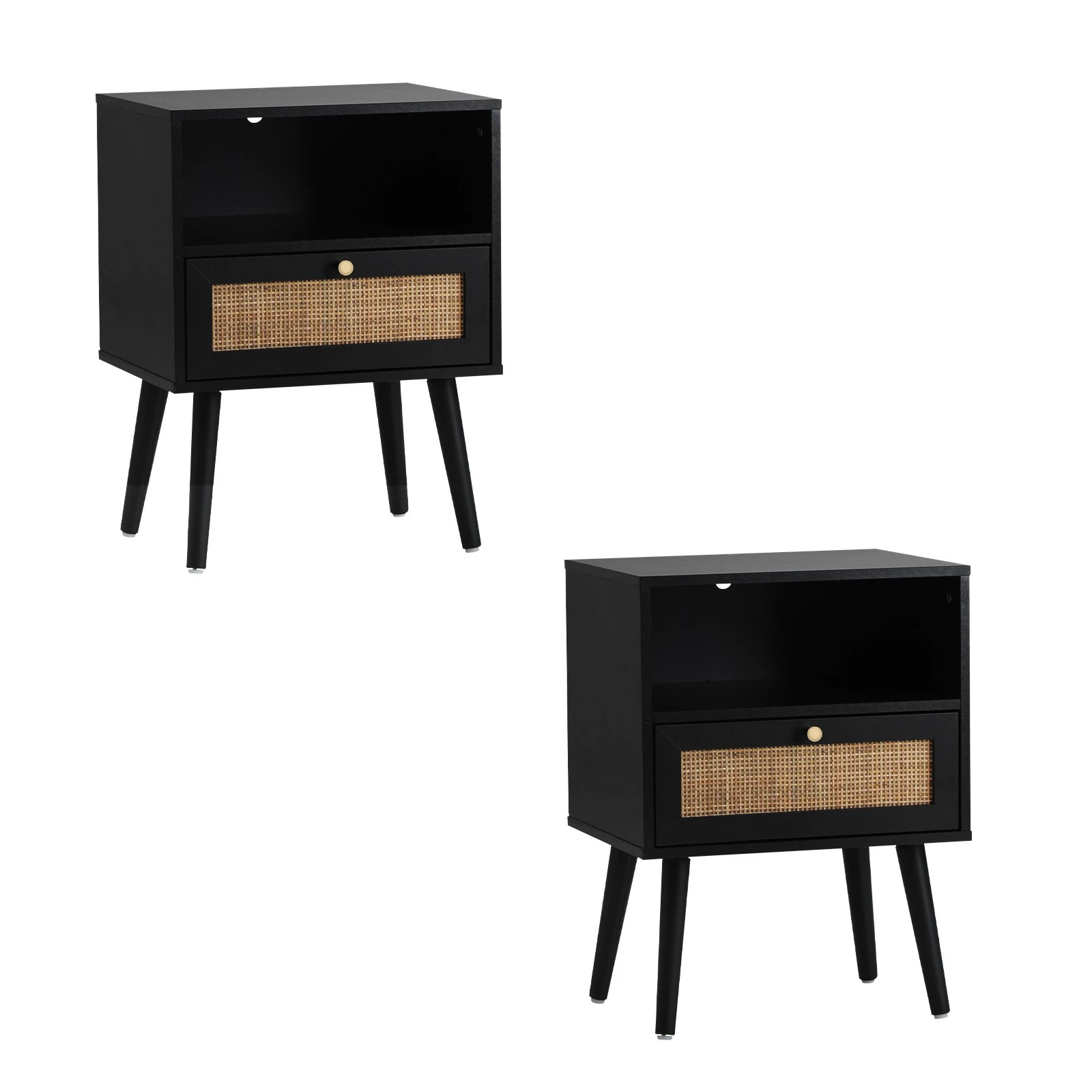 1 Oikiture 2X Bedside Table Side Table Storage Drawer Shelf Nightstand Rattan - Black, 1 of 9