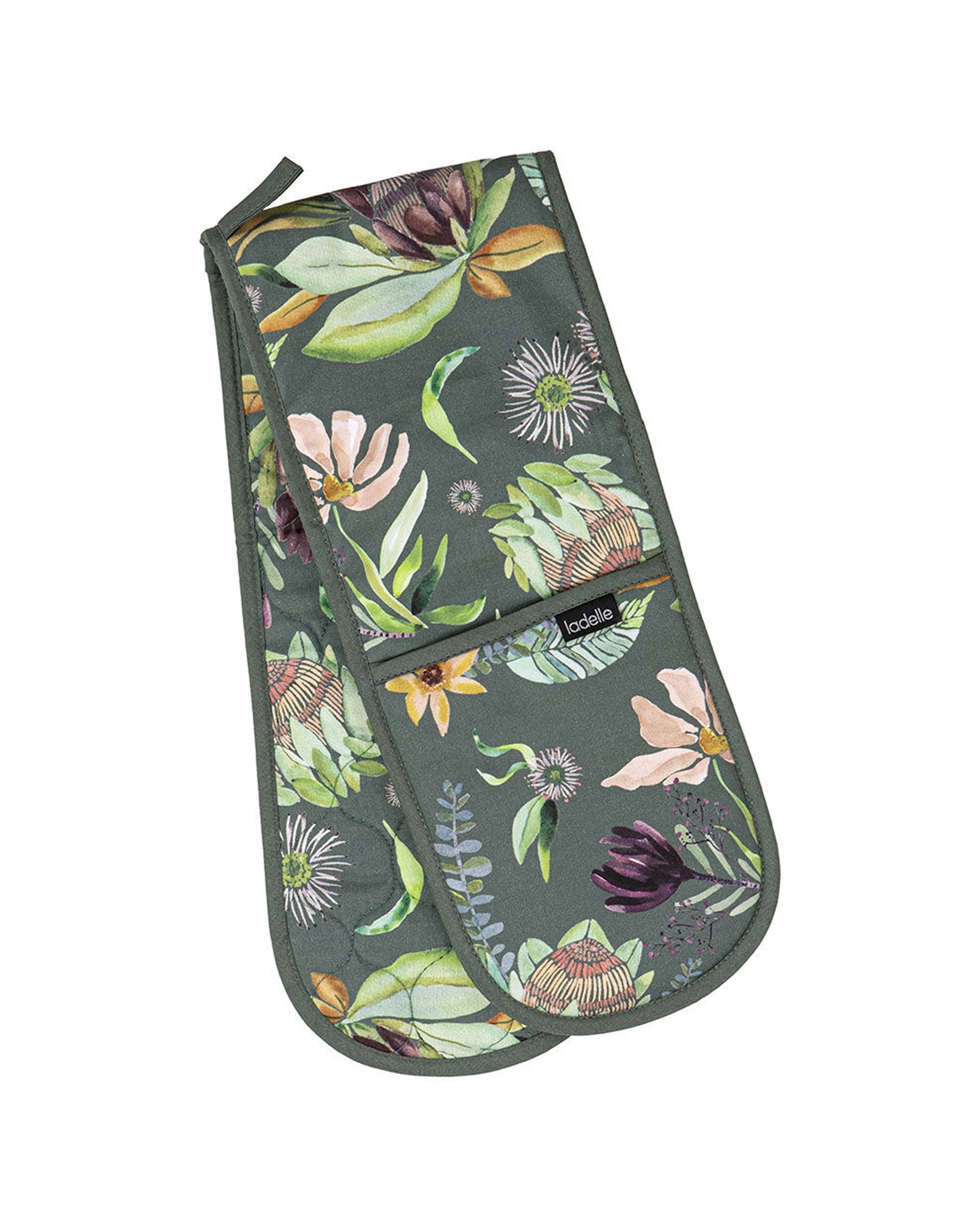 1 Ladelle Leura Double Oven Mitt Kitchen Cooking Gloves 17x89cm - Green, 1 of 1