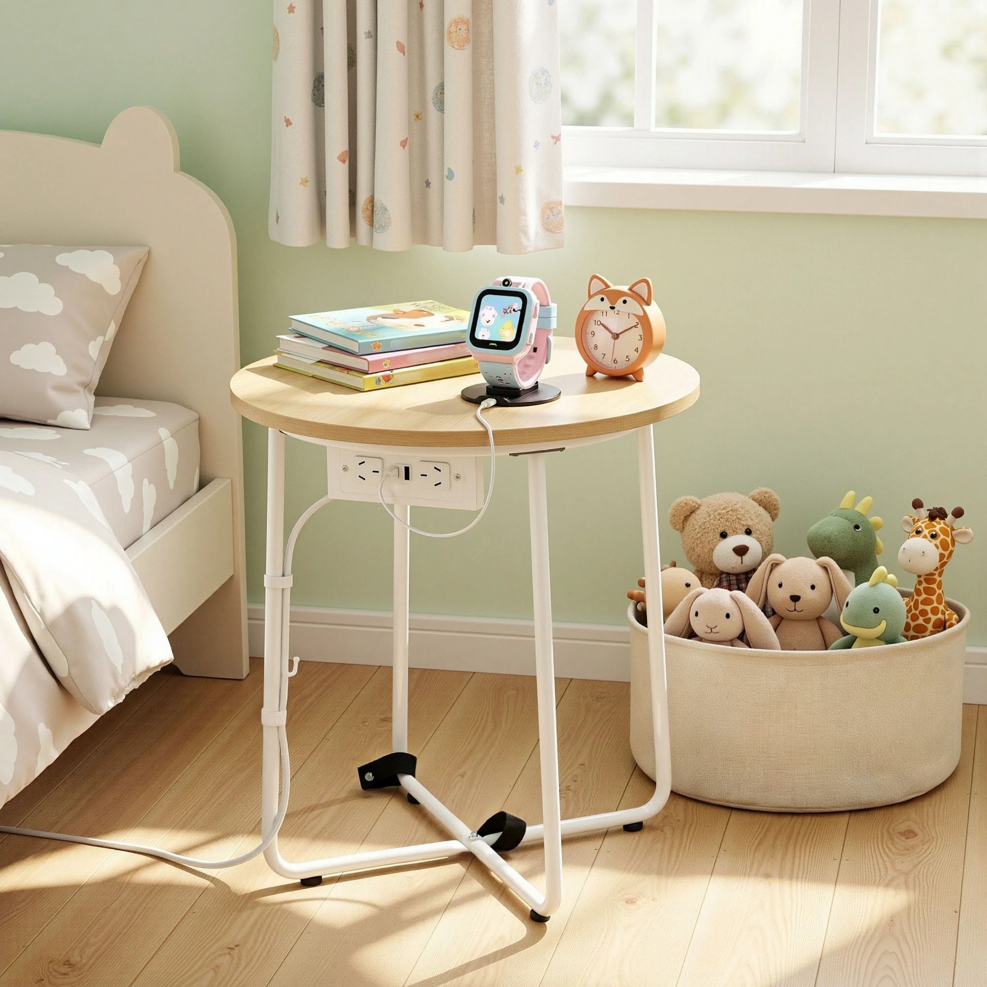 6 Artiss Round Coffee Table Side End Bedside Table Charging Station Storage Basket Wood - Beige, 6 of 9