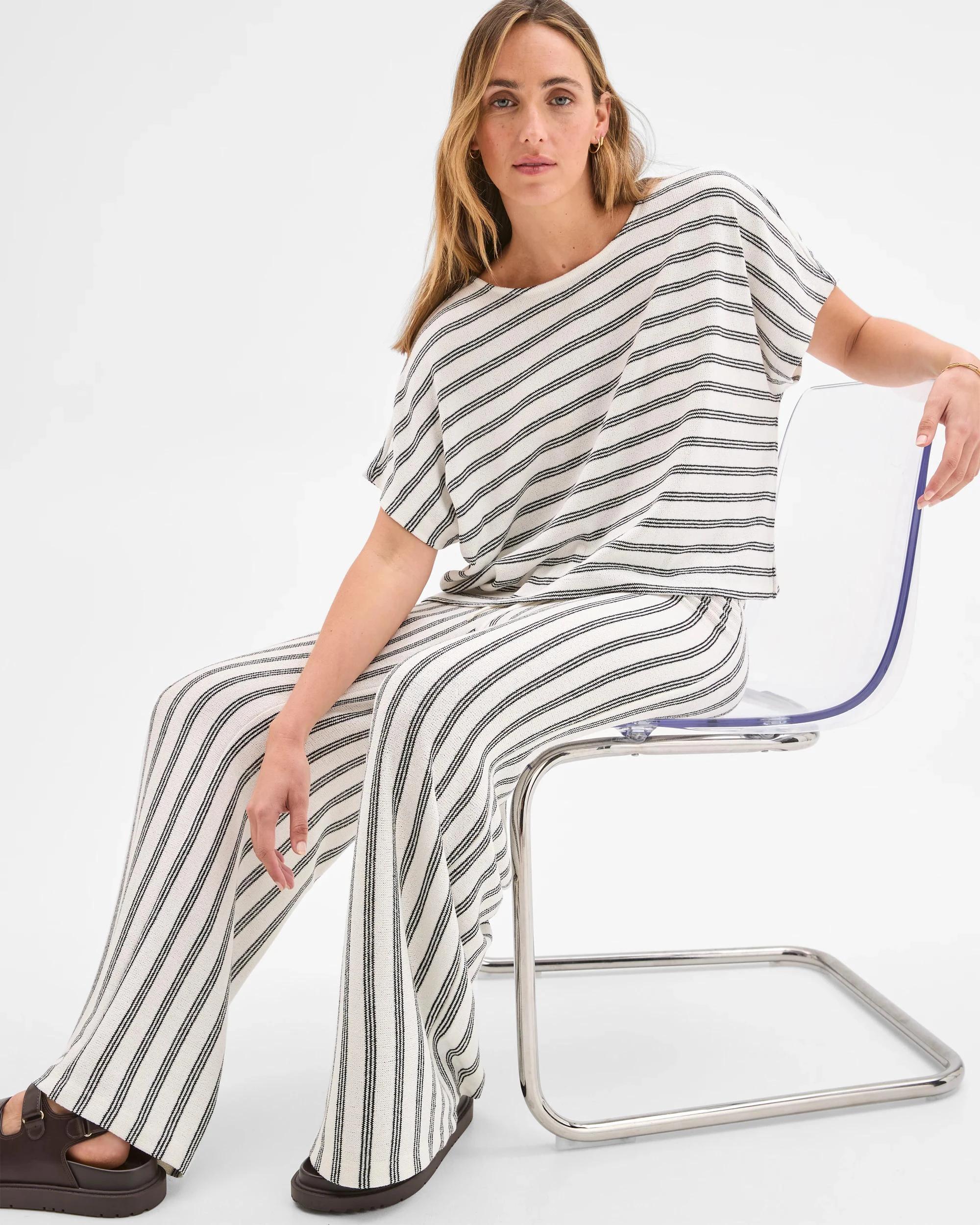 2 Target Woman Wide Leg Textured Pants CREAM/BLACK STRIPE, 2 of 6