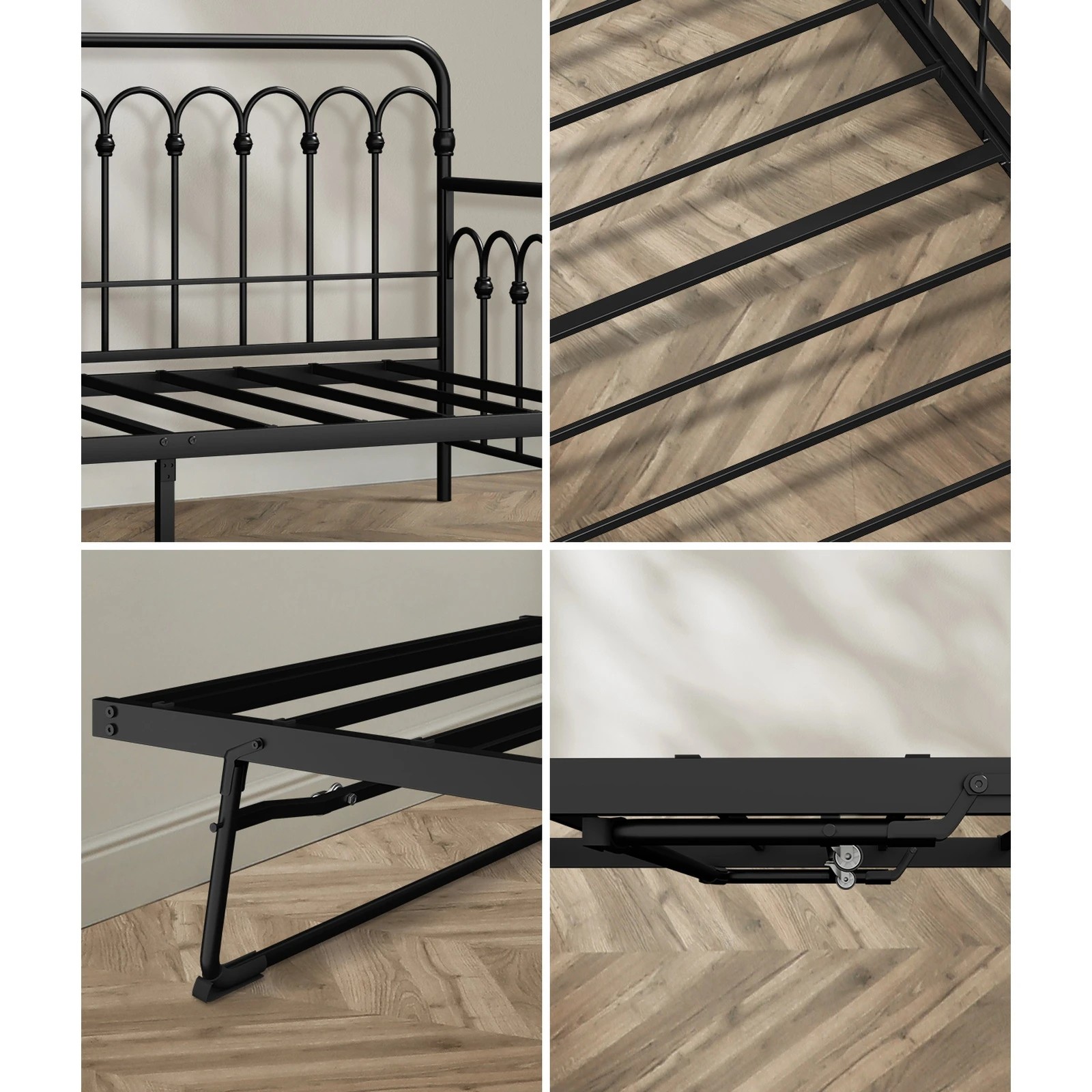 6 Oikiture Trundle Bed Frame Daybed Single Size Metal Base with Mattress x2 - Black, 6 of 10