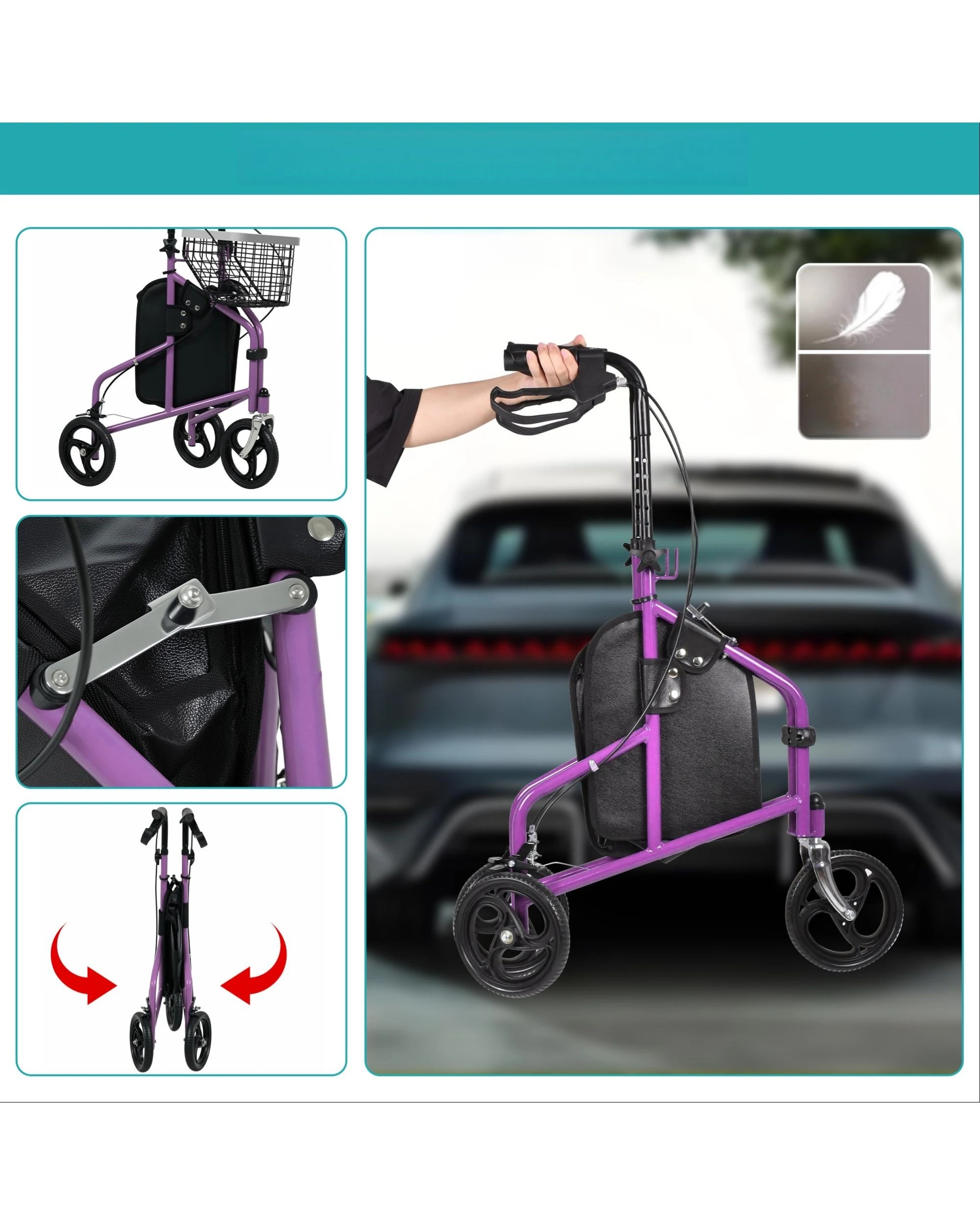 6 Advwin Rollator Walker 3 Wheel Mobility Aid - Purple, 6 of 8