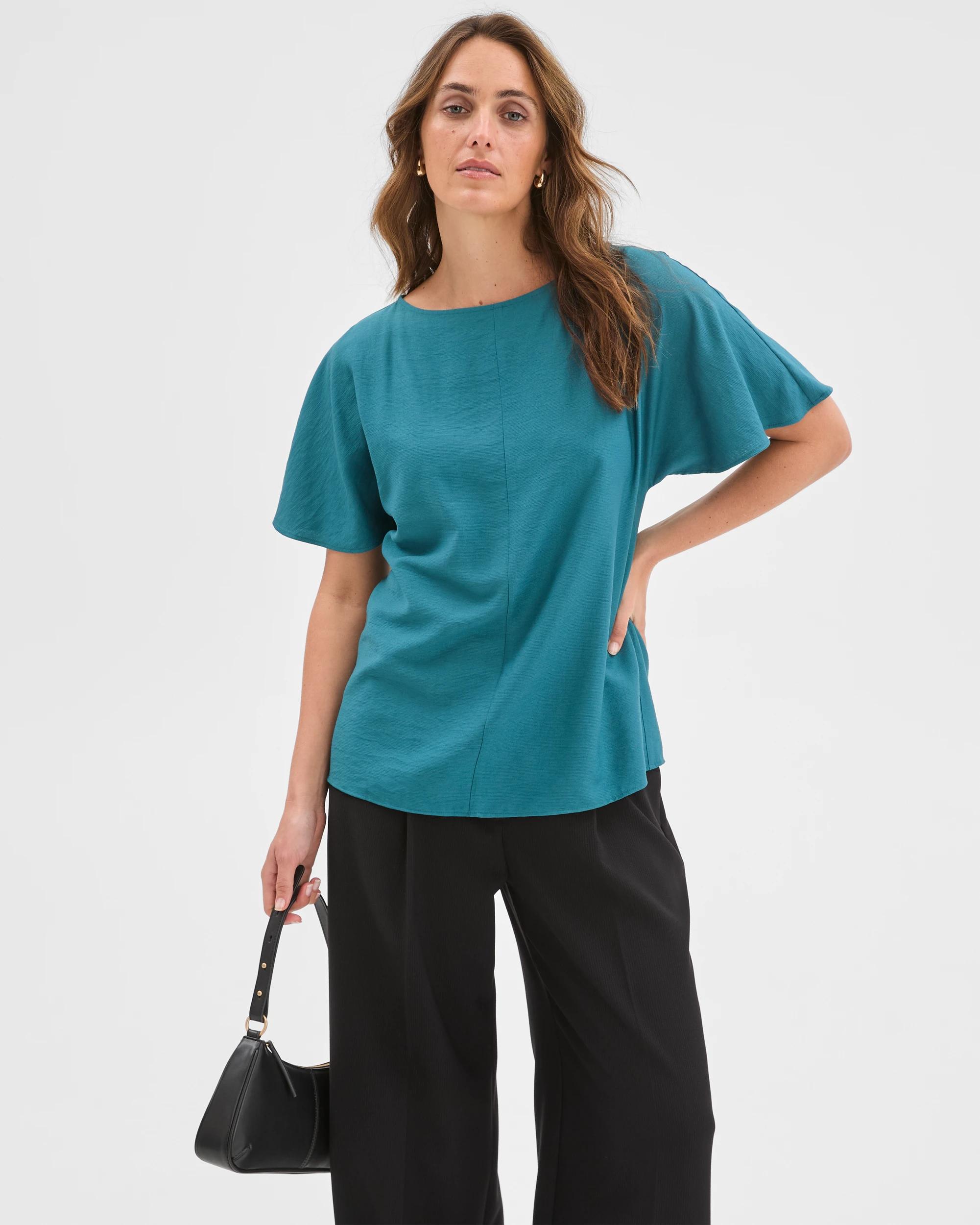 1 Preview Short Flutter Sleeve Textured Blouse PEACOCK, 1 of 7