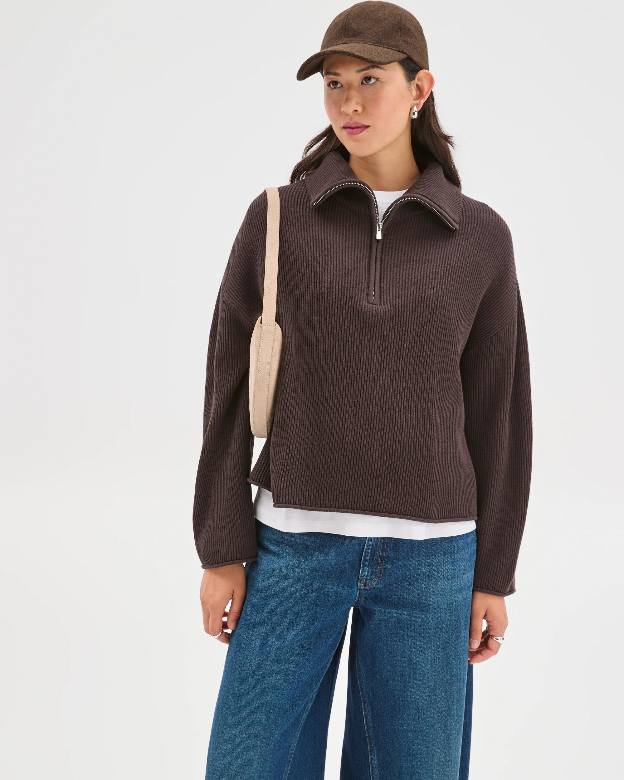 1 Target Woman Australian Cotton Blend Zip Collar Jumper BRUNETTE, 1 of 7
