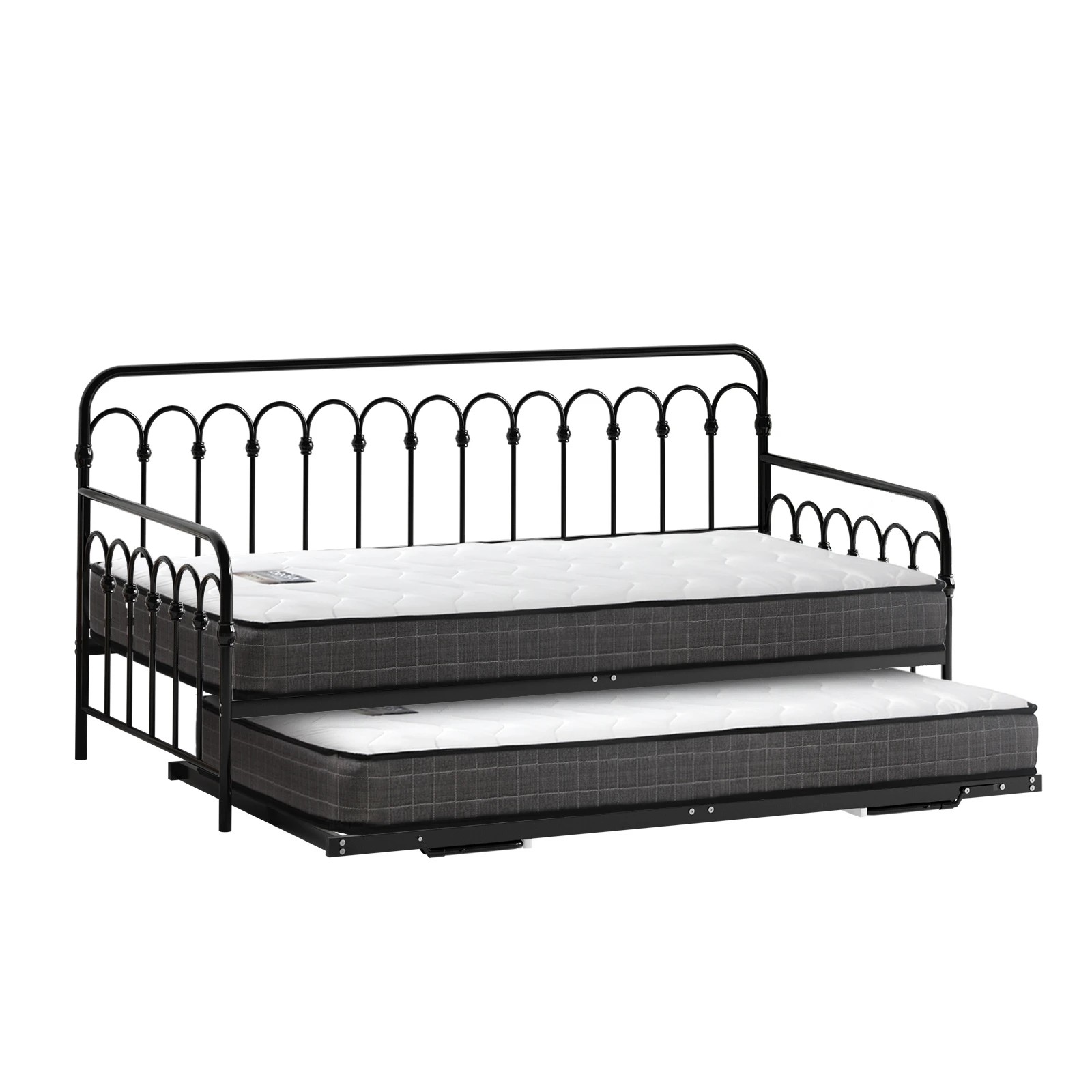 1 Oikiture Trundle Bed Frame Daybed Single Size Metal Base with Mattress x2 - Black, 1 of 10