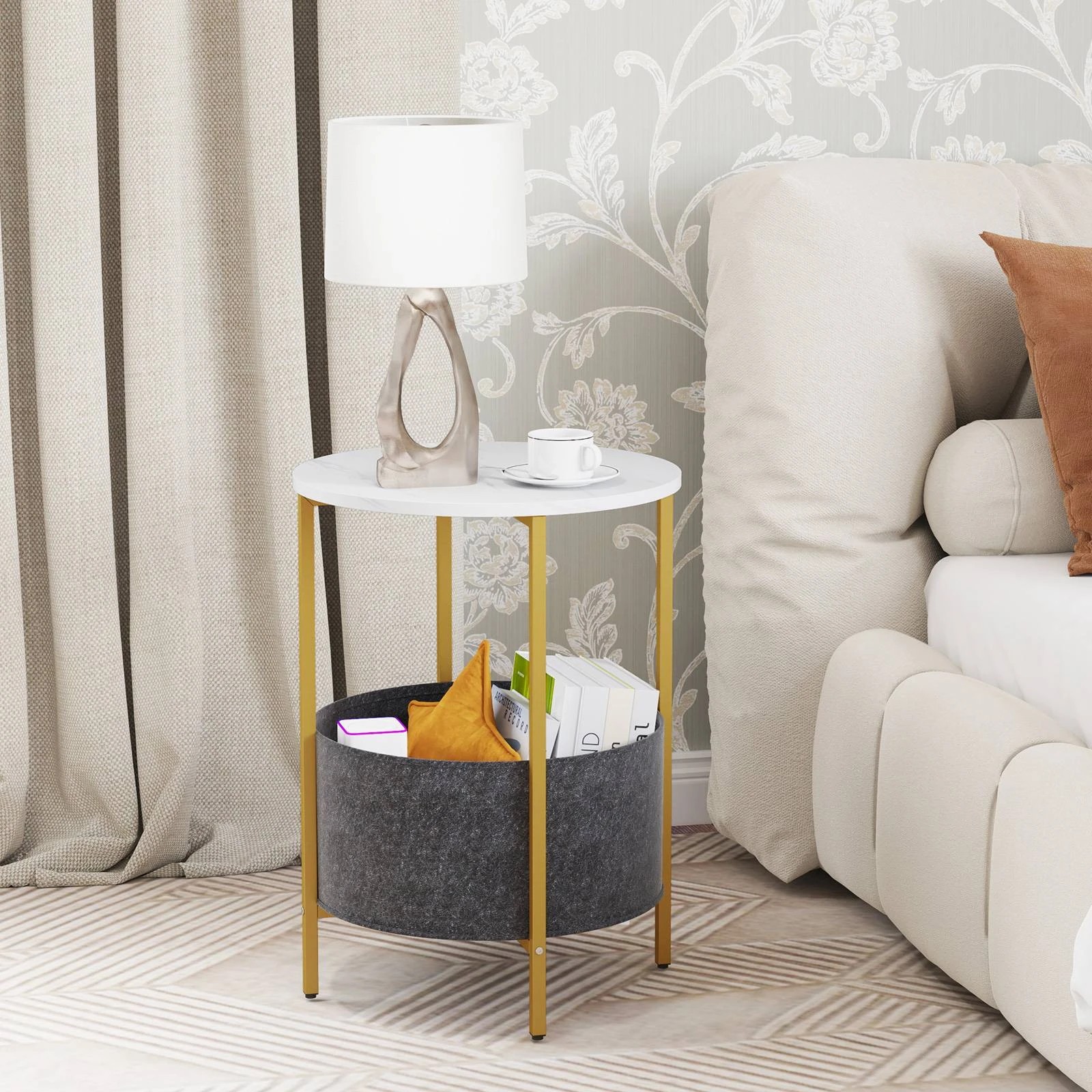 3 Costway 2-Tier Round Sofa Side End Table Accent Coffee Table w/Storage Basket, 3 of 4
