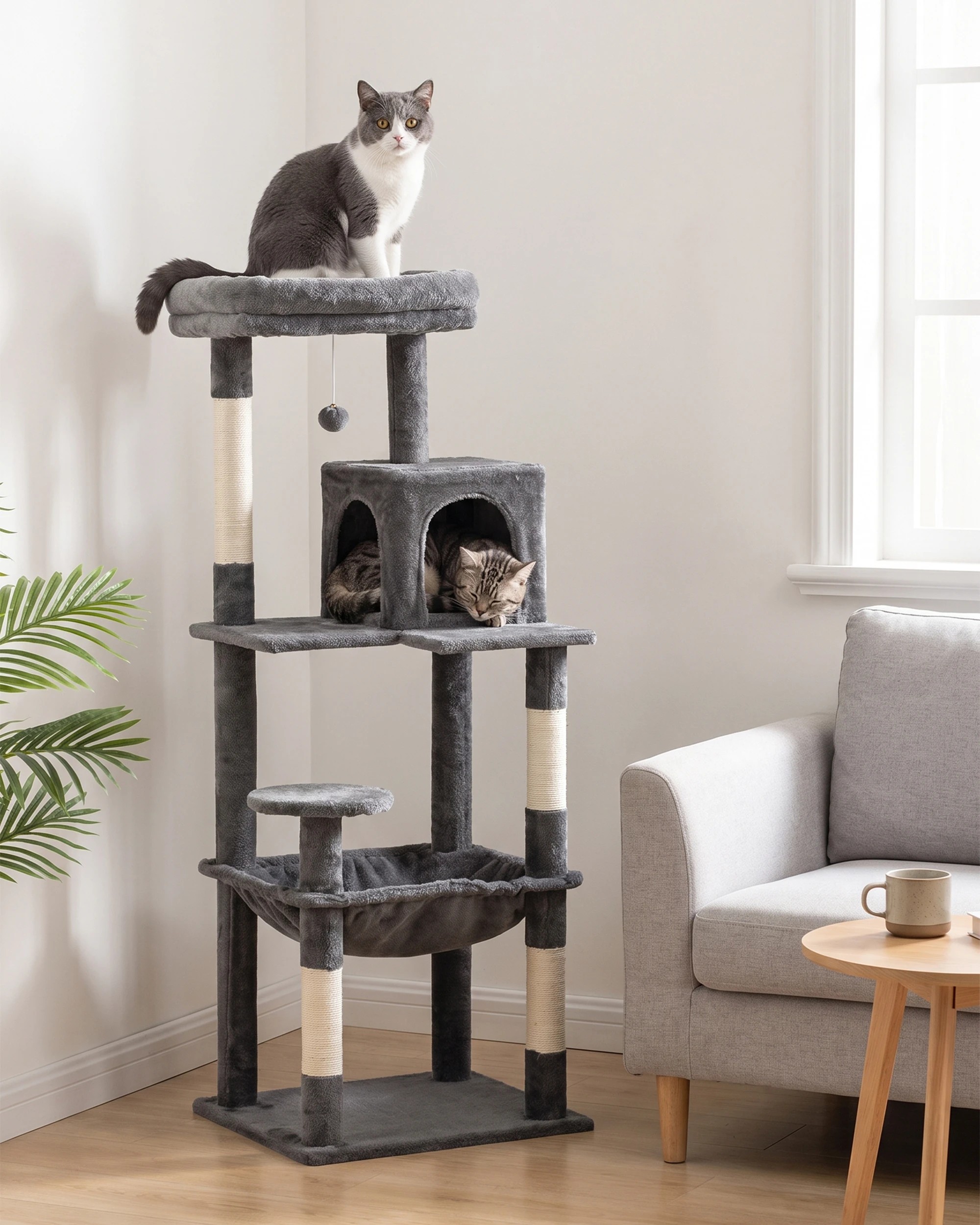 2 Petzly Cat Tree Tower Scratching Post Scratcher Condo House Bed 142cm Dark Grey, 2 of 8