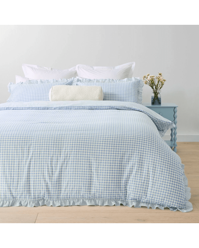 Gingham Ruffle Reversible Cotton Quilt Cover Set - Super King Bed, 
