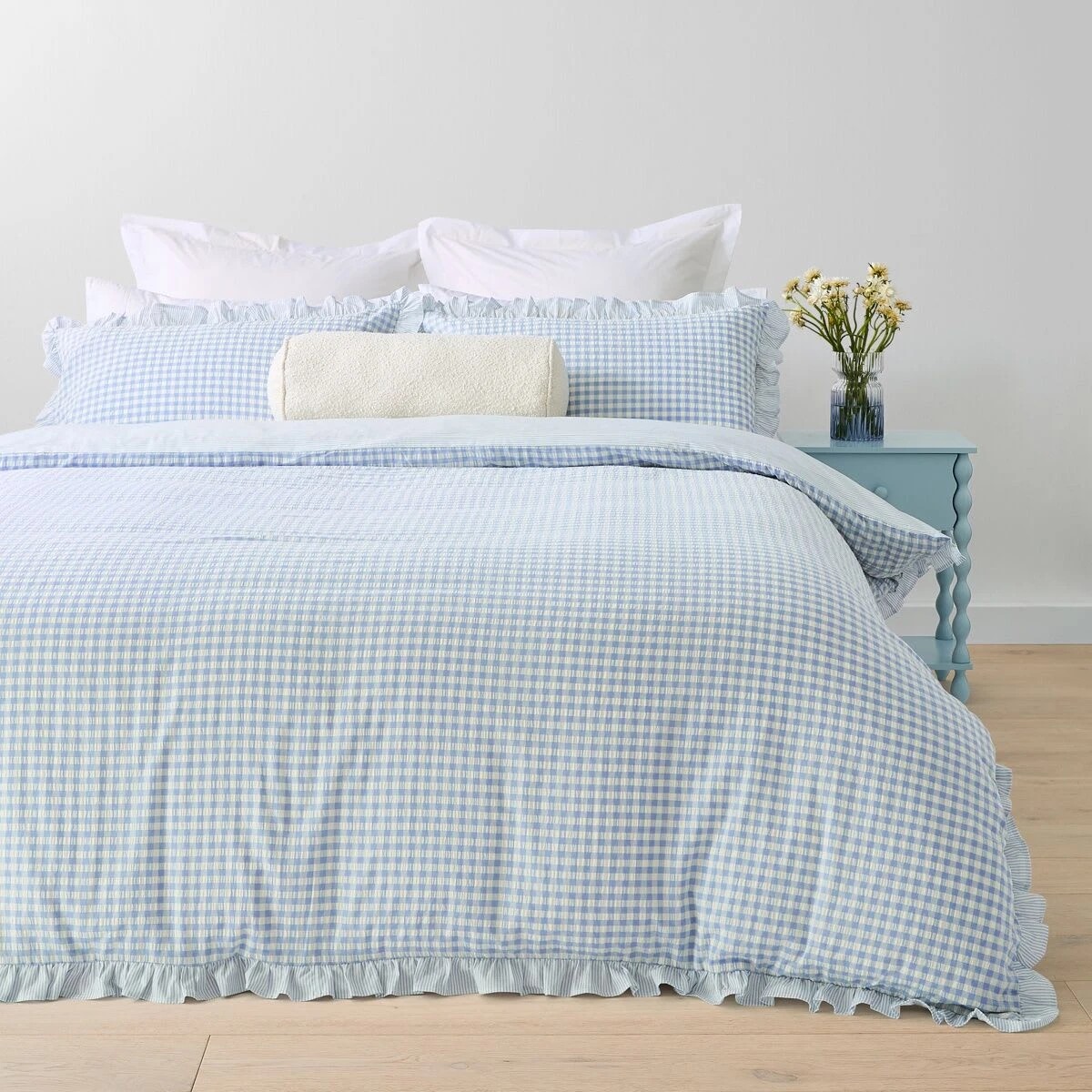 1 Gingham Ruffle Reversible Cotton Quilt Cover Set - Super King Bed, Blue, 1 of 7