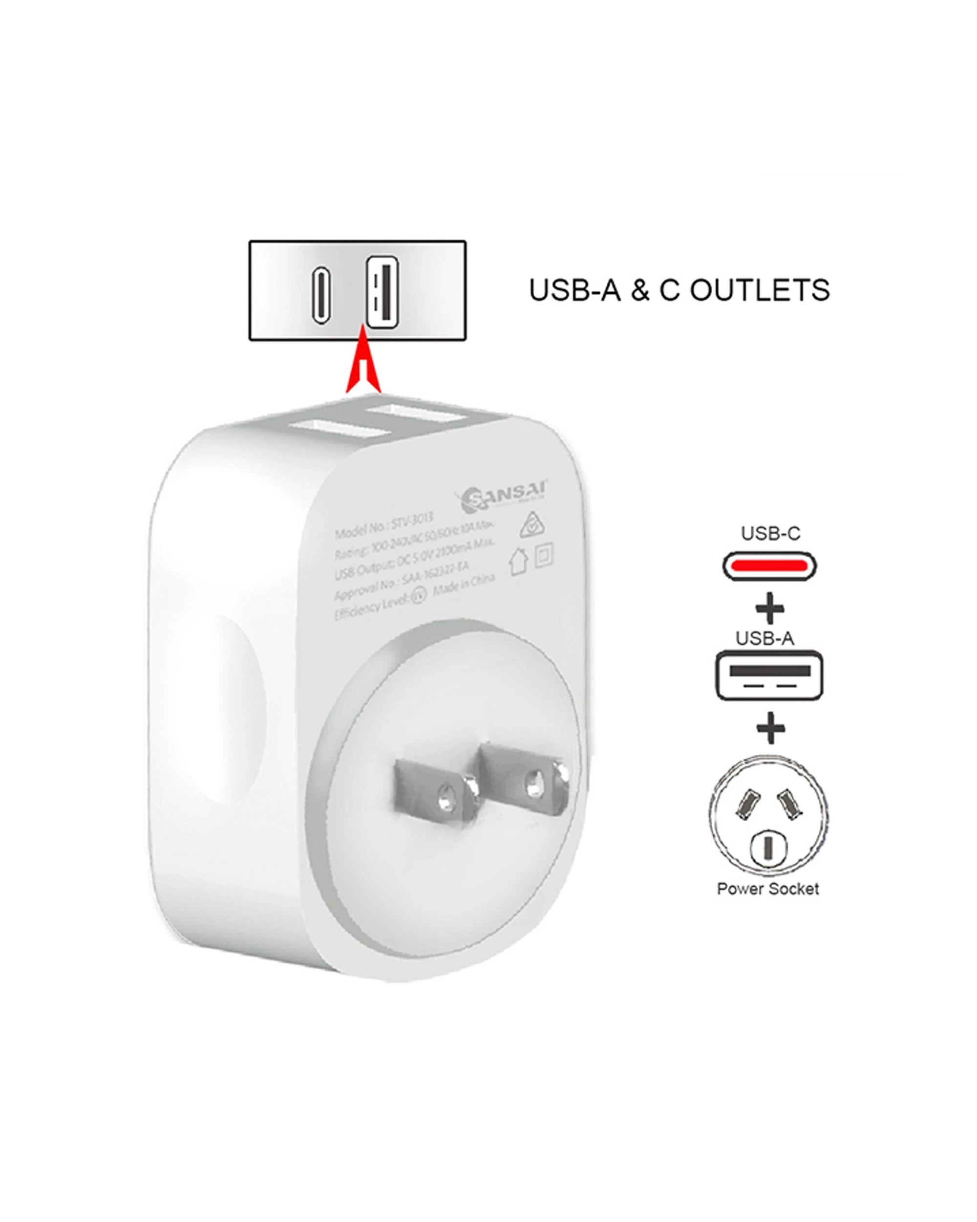 3 Sansai Surge Protected Travel Adapter with USB-C And USB-A Port AU Japan - White, 3 of 3