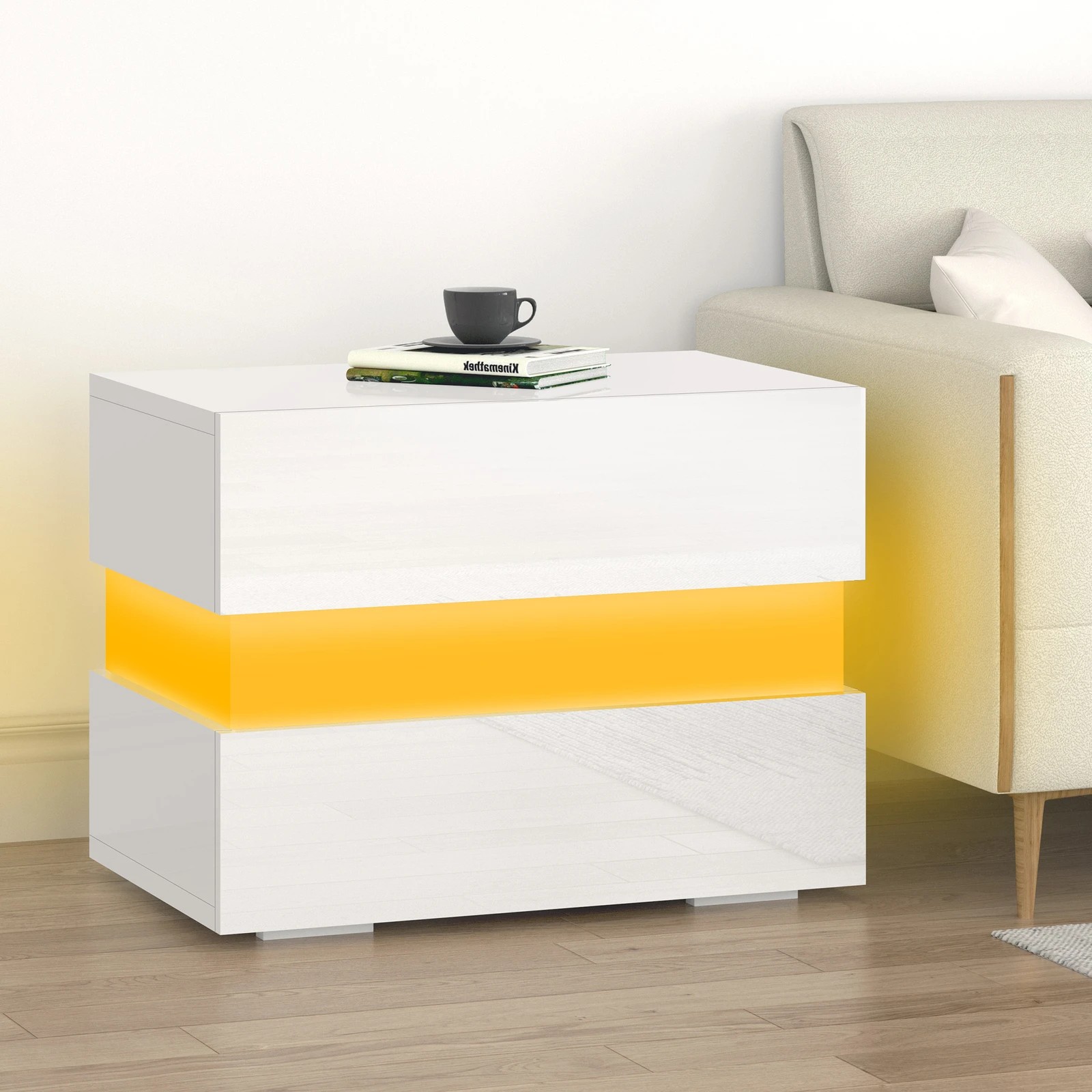 4 Alfordson Bedside Table RGB LED Nightstand 2 Drawers 4 Side High Gloss - White, 4 of 10