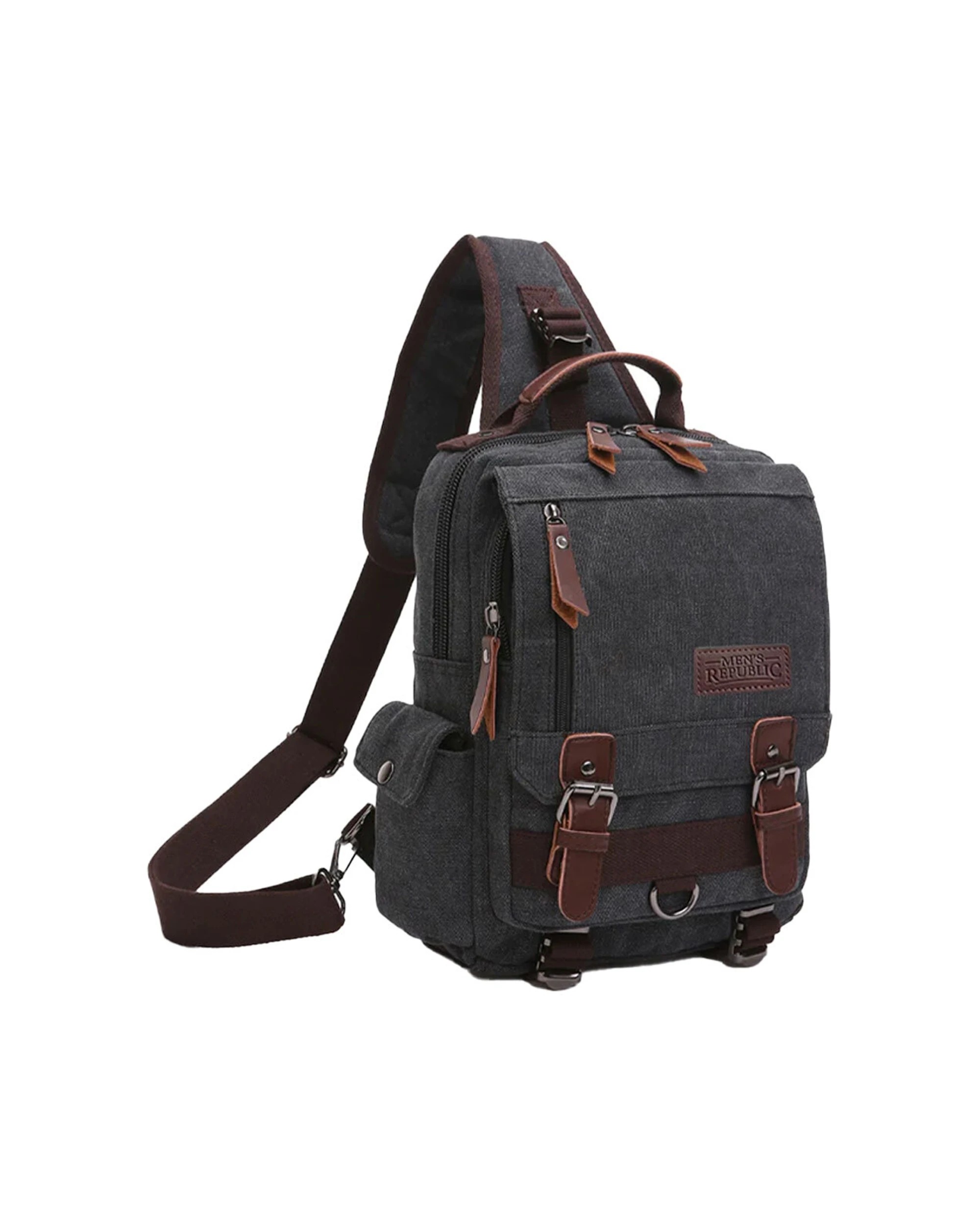 1 Mens Republic Canvas Single Strap Sling Bag Backpack Durable Design 2024 Edition - Black, 1 of 3