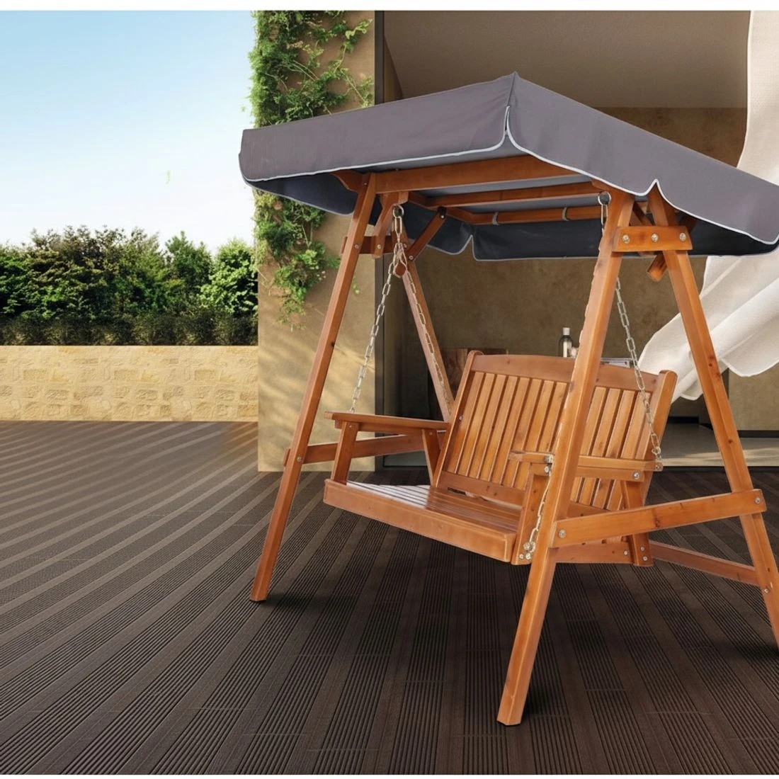 6 Gardeon Outdoor Wooden Swing Chair Garden Bench Canopy Cushion 3 Seater - Multi, 6 of 7