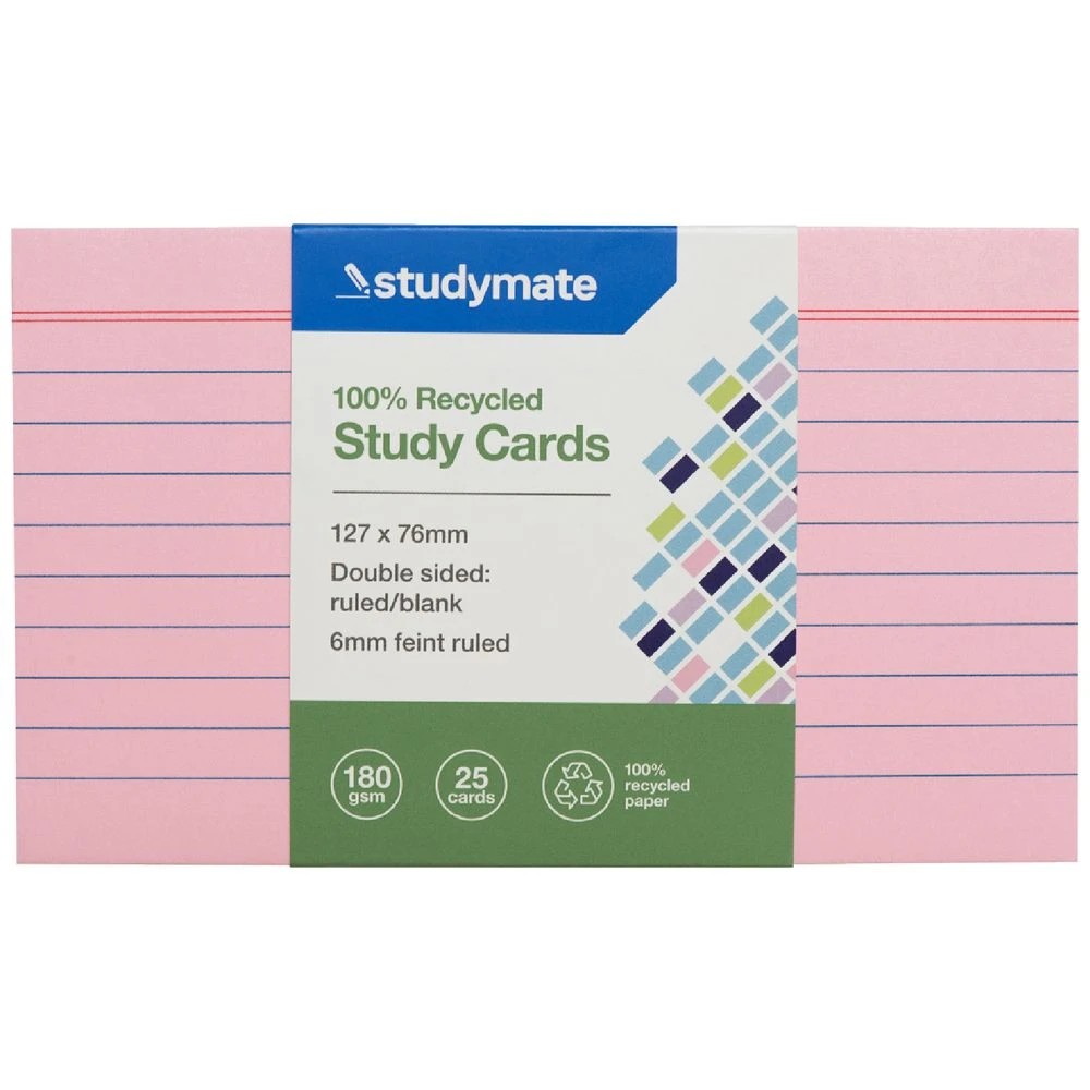 1 Studymate Study Cards Ruled 127 x 76mm Pink 25 Pack, 1 of 2