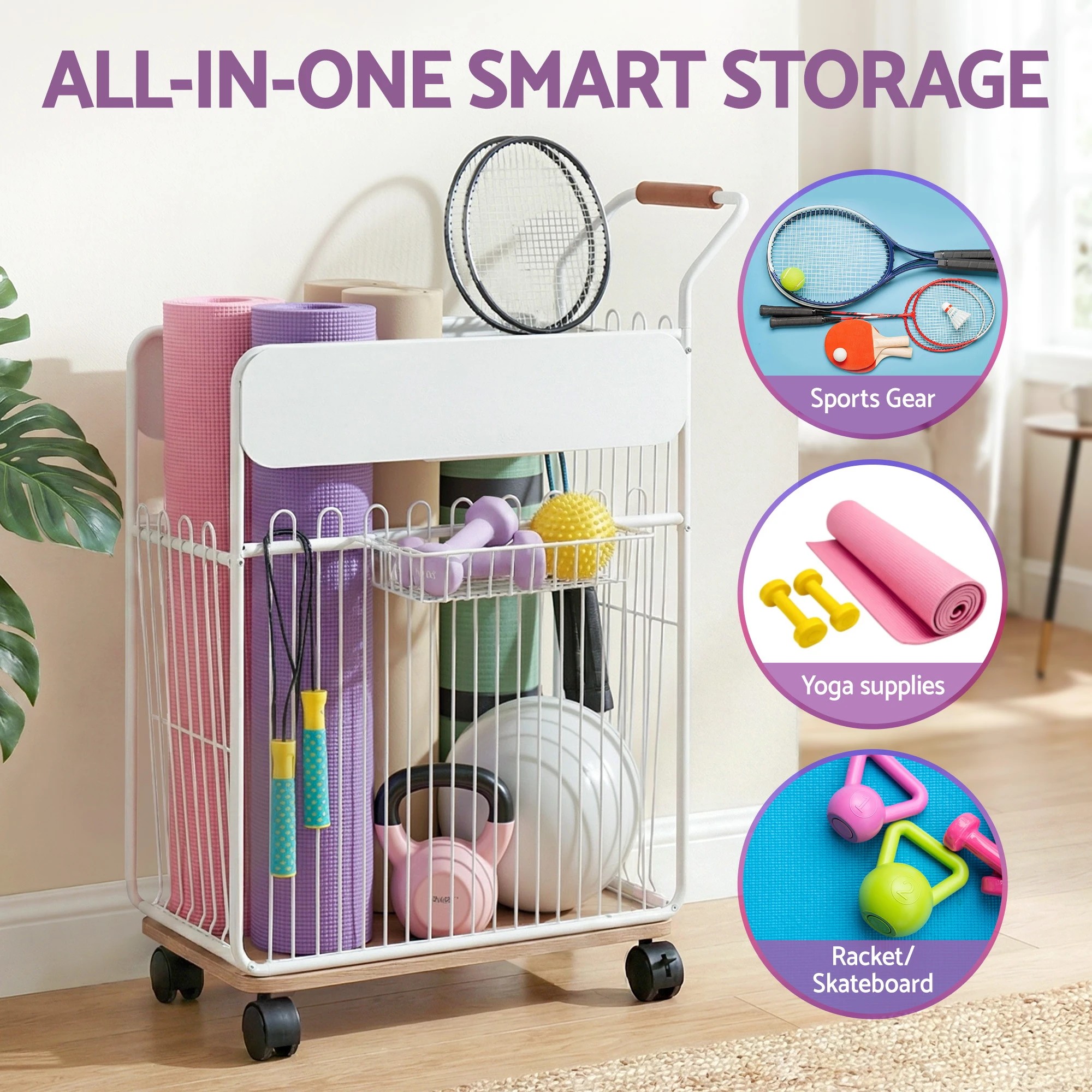 2 Everfit Yoga Mat Storage Rack Mobile Holder with Wheels Basket Home Gym Storage - White, 2 of 4