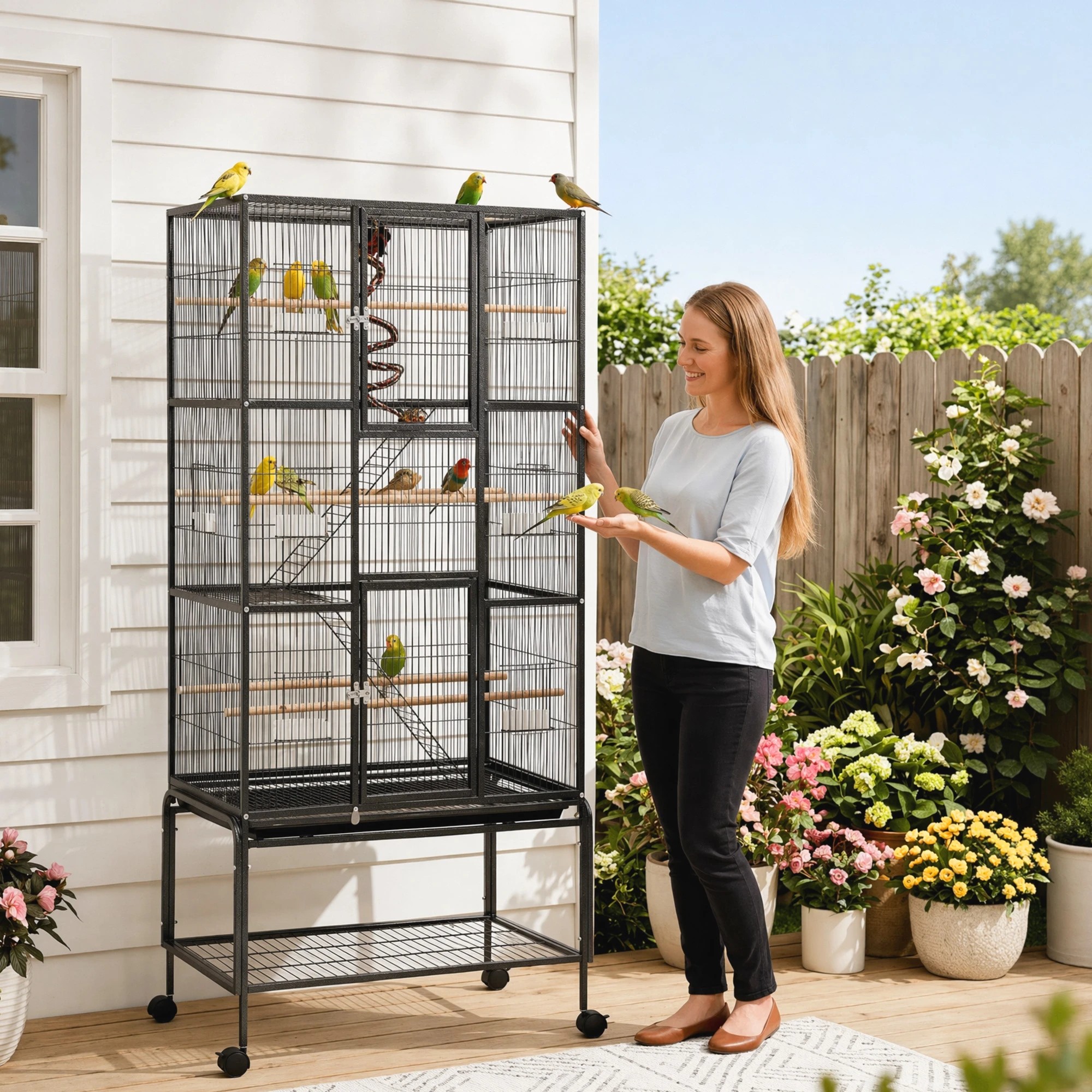 5 i.Pet 3-Tier Large Bird Cage Aviary with Ladder Parrot Budgie Wheels - Black, 5 of 8