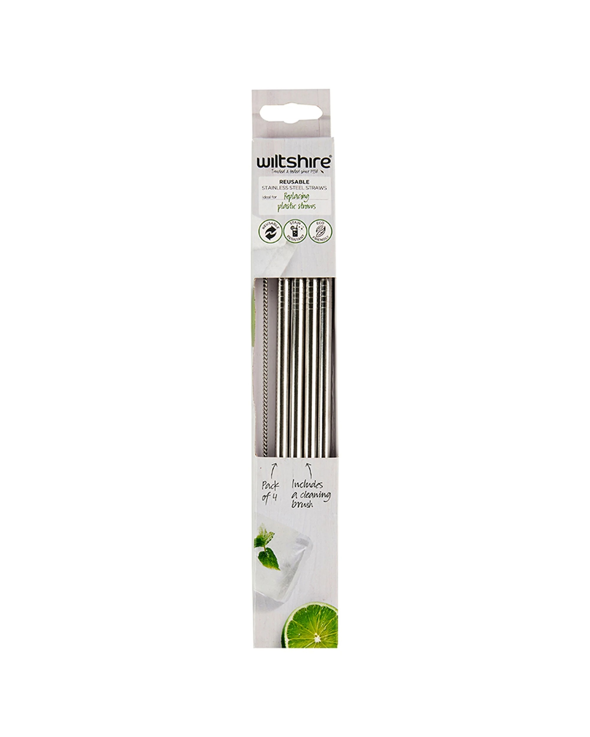 2 Wiltshire 4pc Reusable Stainless Steel Drinking Straws with Cleaning Brush - Metallic, 2 of 3