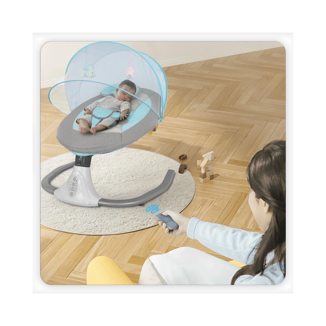 7 Advwin Electric Baby Swing Baby Bouncer Rocker With Mosquito Net Toddler Seat Soft Peachskin Blue, 7 of 9