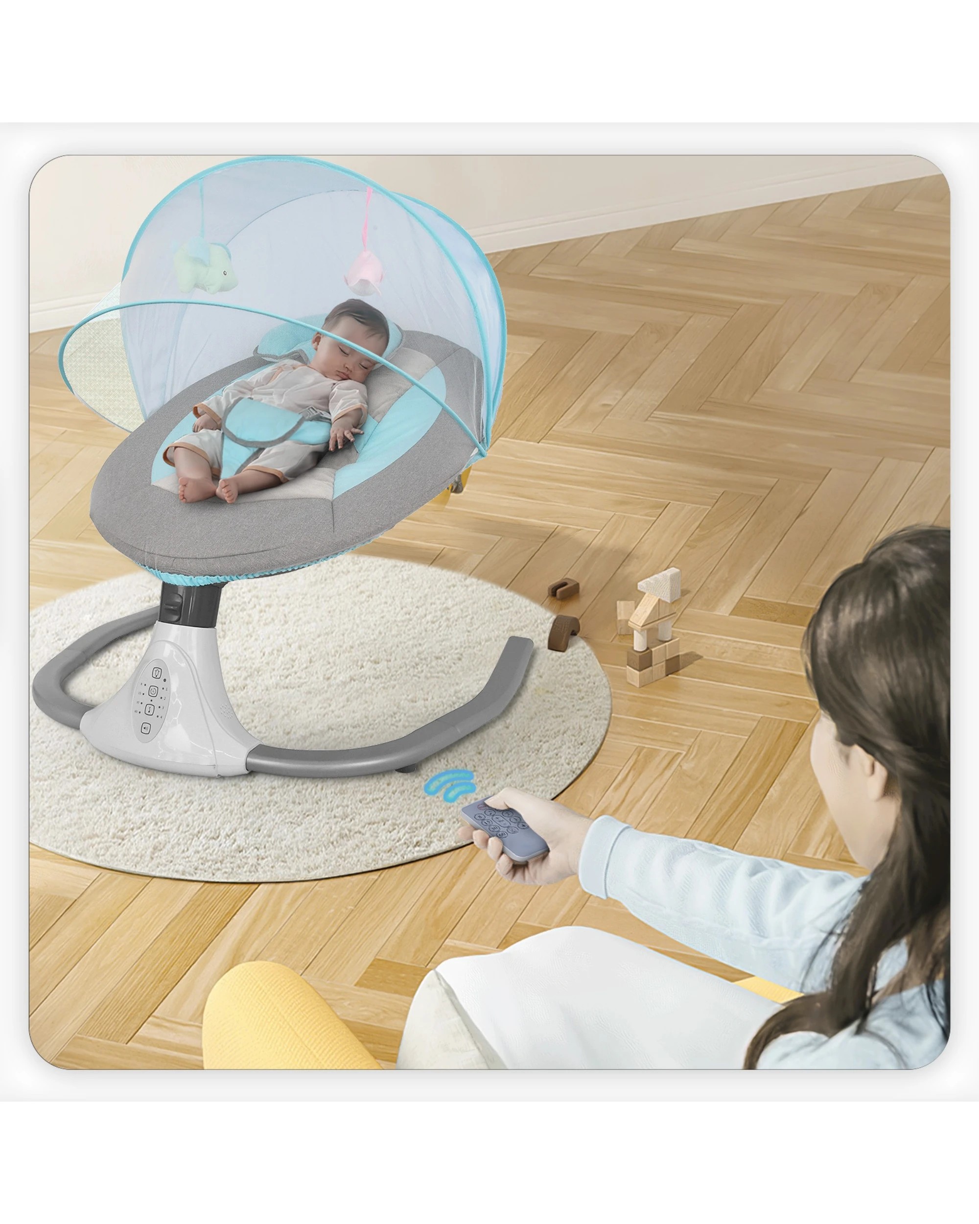 7 Advwin Electric Baby Swing Baby Bouncer Rocker with Mosquito Net Toddler Seat Soft Peachskin Blue, 7 of 9