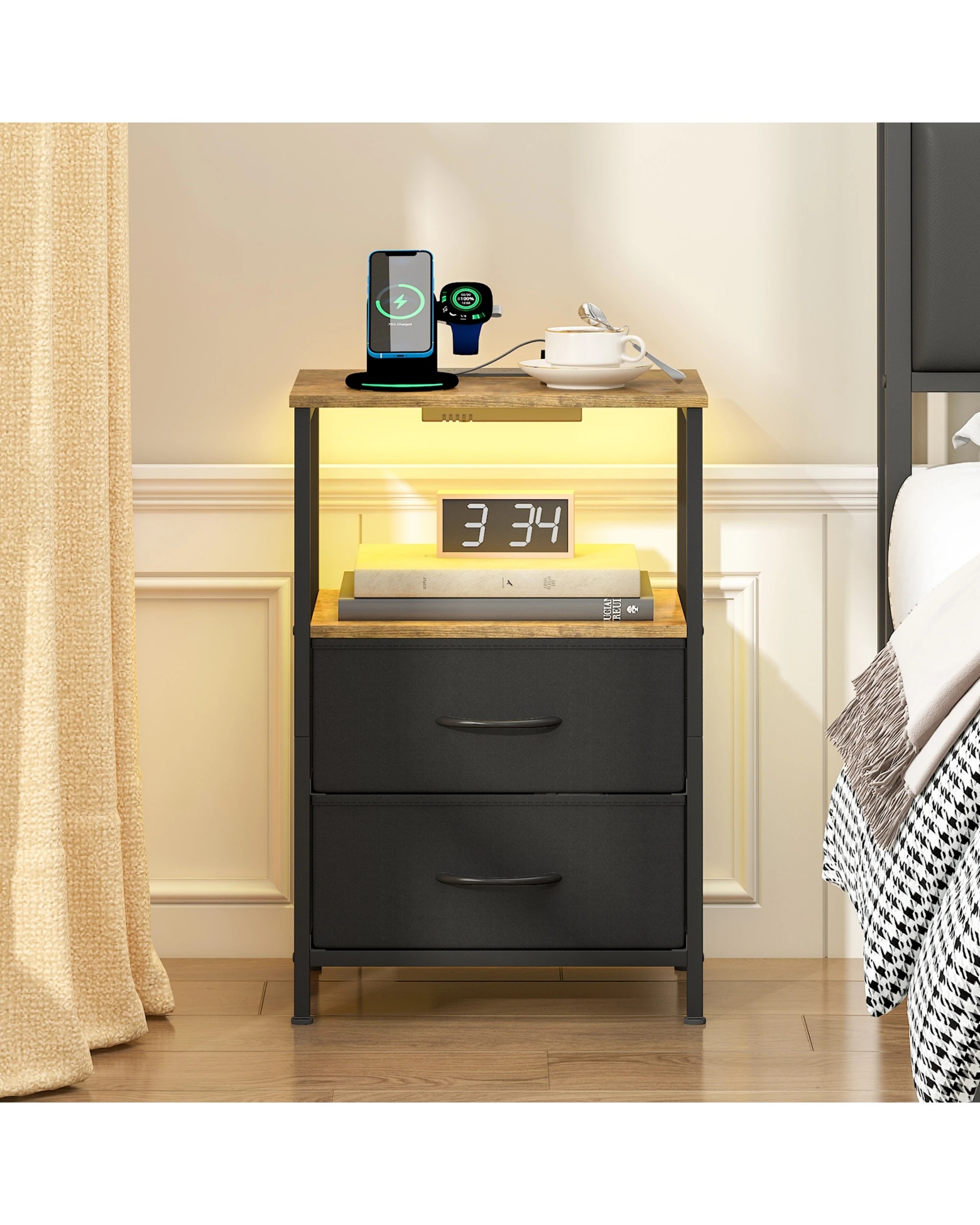 2 Advwin Led Bedside Table with Charging Station 2 Fabric Drawers - Brown, 2 of 6