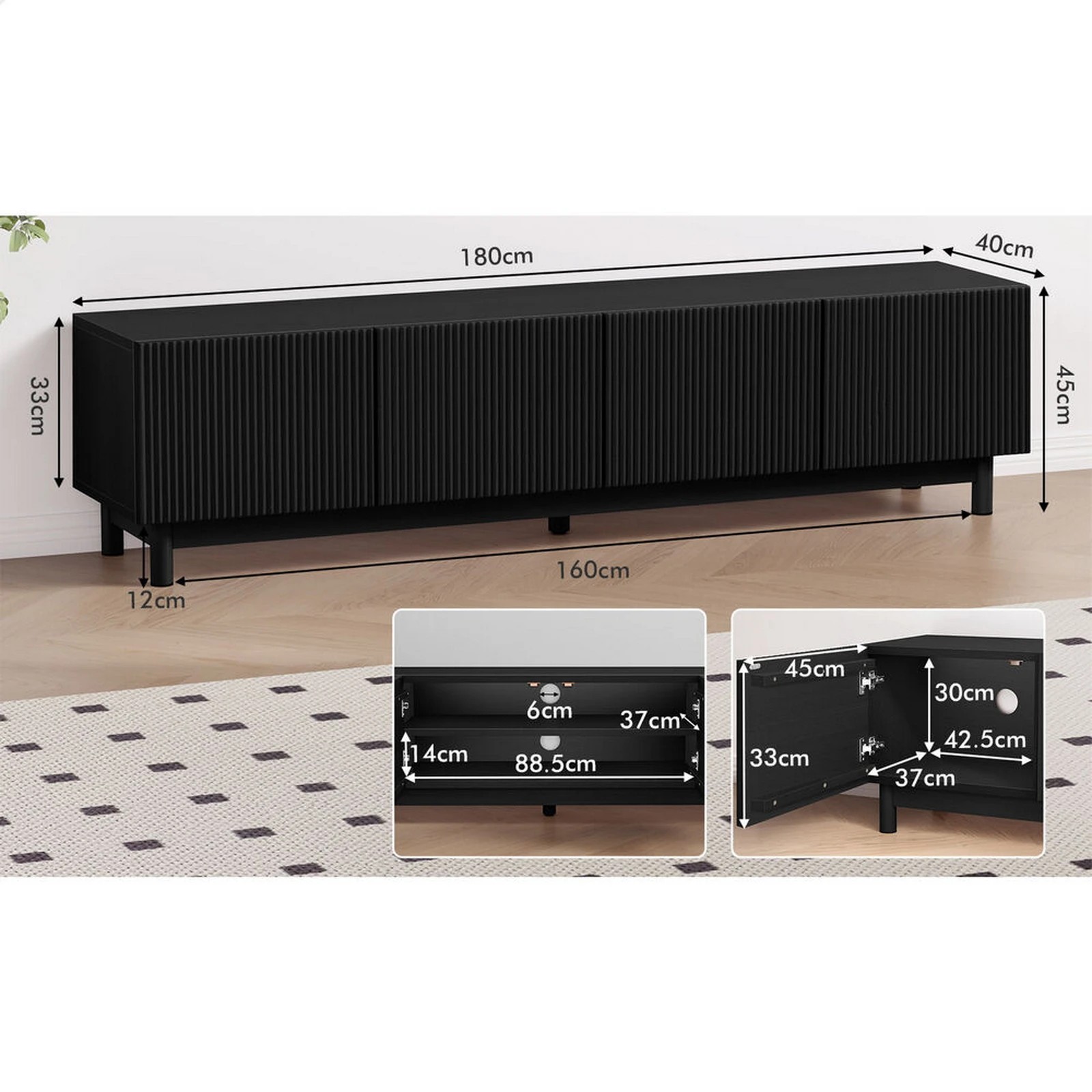 6 Alfordson Entertainment Unit TV Cabinet Stand 180cm Storage Shelves - Black, 6 of 8