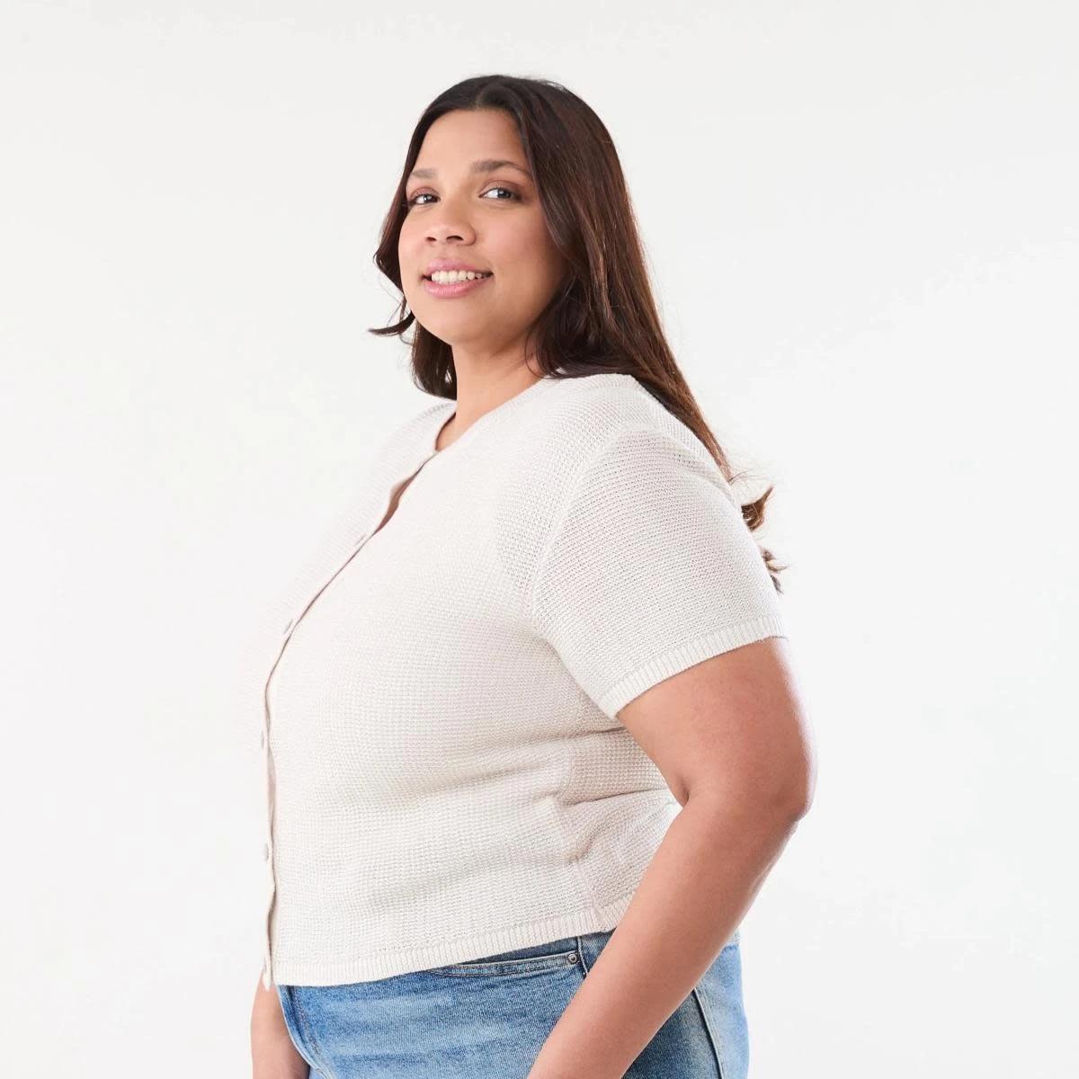 2 Curve Short Sleeve Lurex Cardigan NATURAL BEIGE, 2 of 5