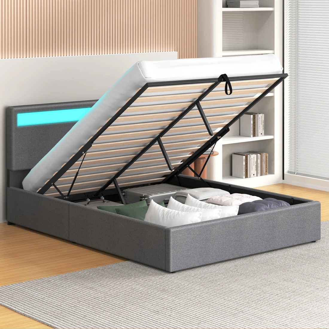 4 Alfordson Bed Frame Queen Size RGB LED Gas Lift Storage Base Fabric Luchino - Grey, 4 of 10