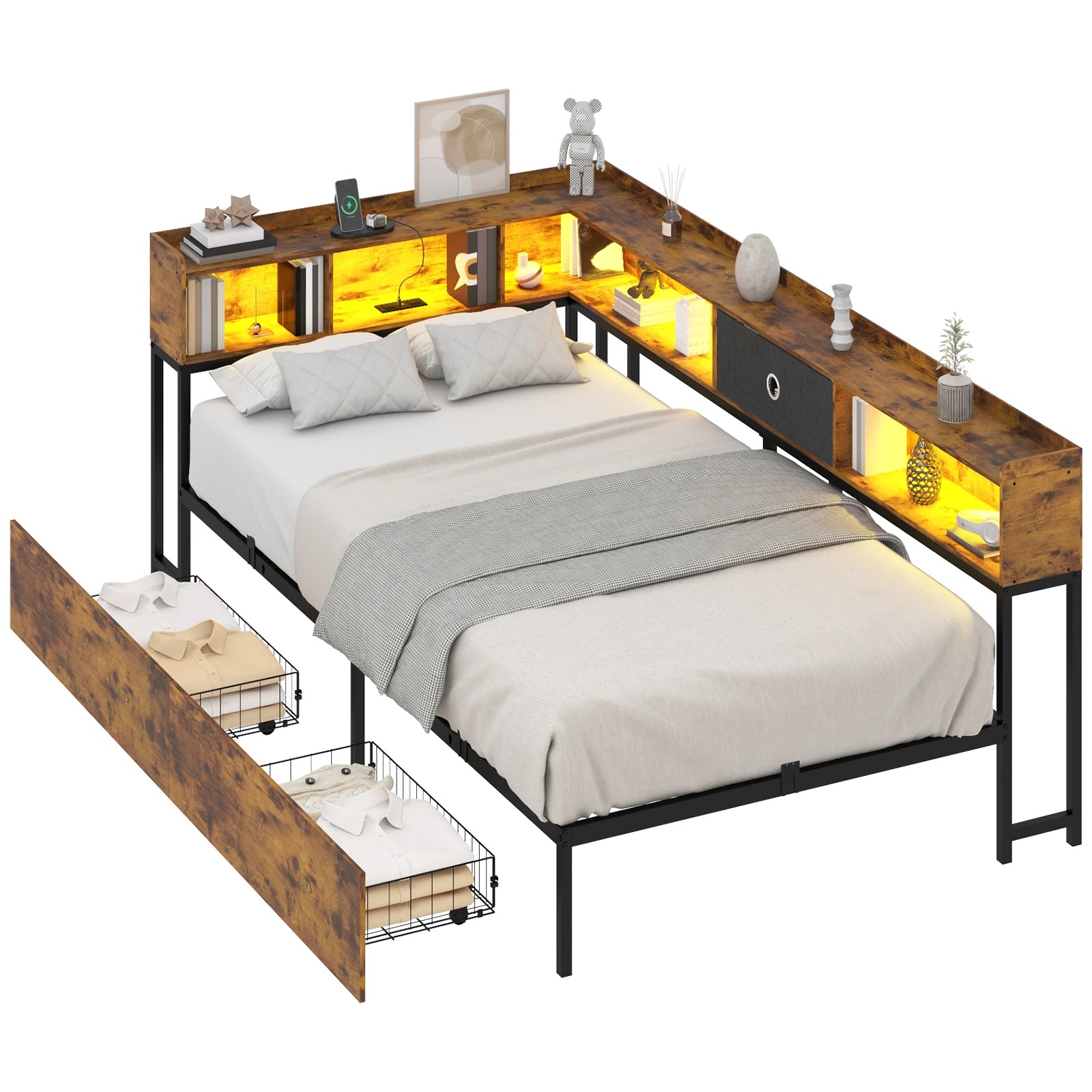 1 Advwin King Single Corner Bed Frame with Storage Drawers, Charging Station and LED Lights - Brown, 1 of 10