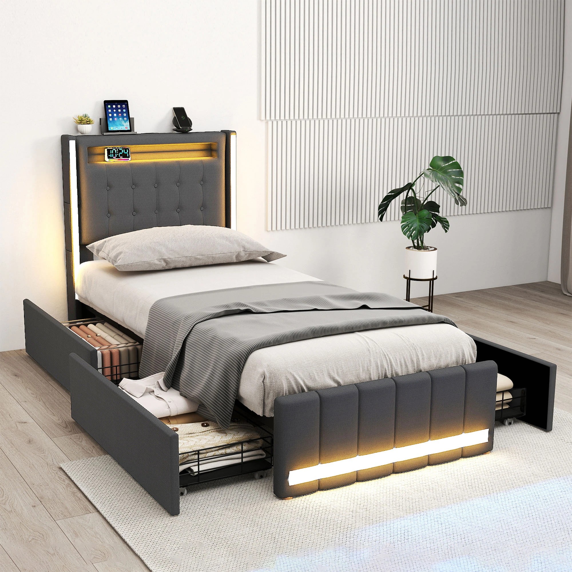 8 Levede Single Bed Frame Linen Fabric with LED Charging Station and 4 Drawers - Grey, 8 of 9