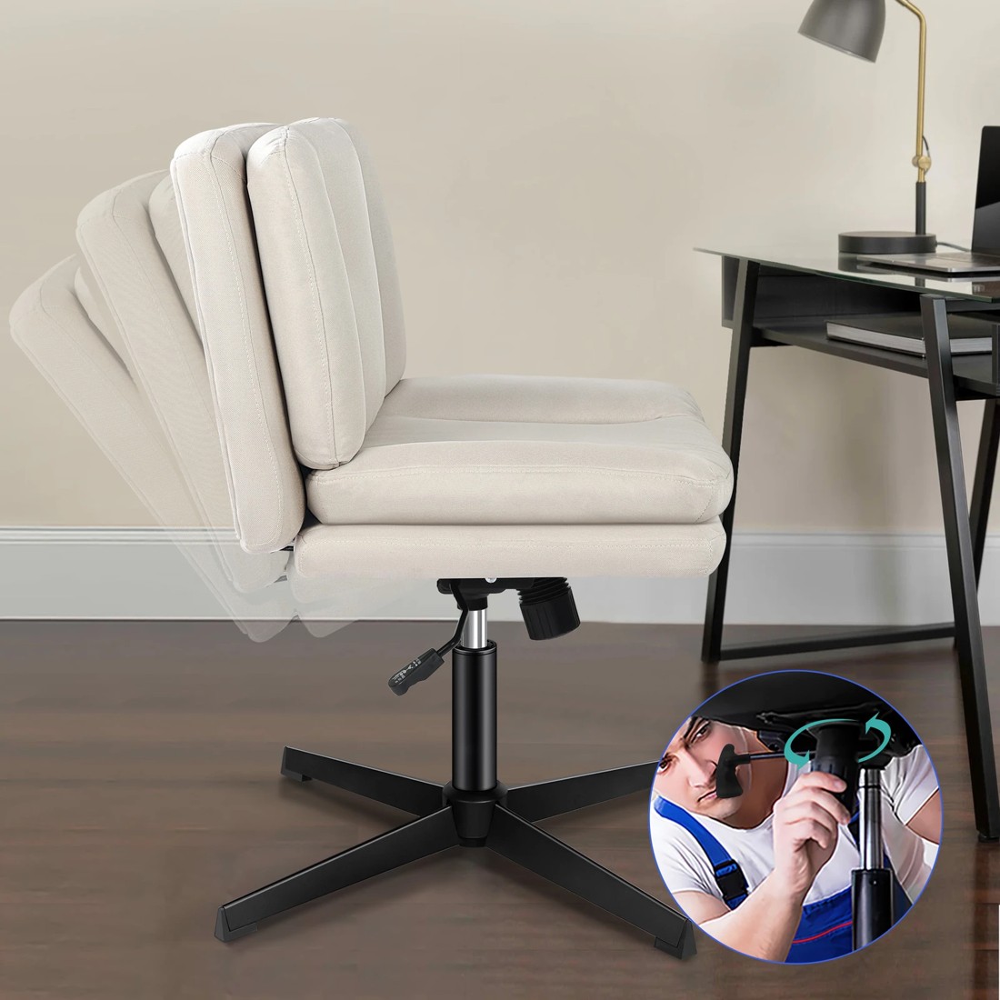 3 Alfordson Armless Office Desk Chair Mid Back Wide Seat Fabric - Beige, 3 of 7