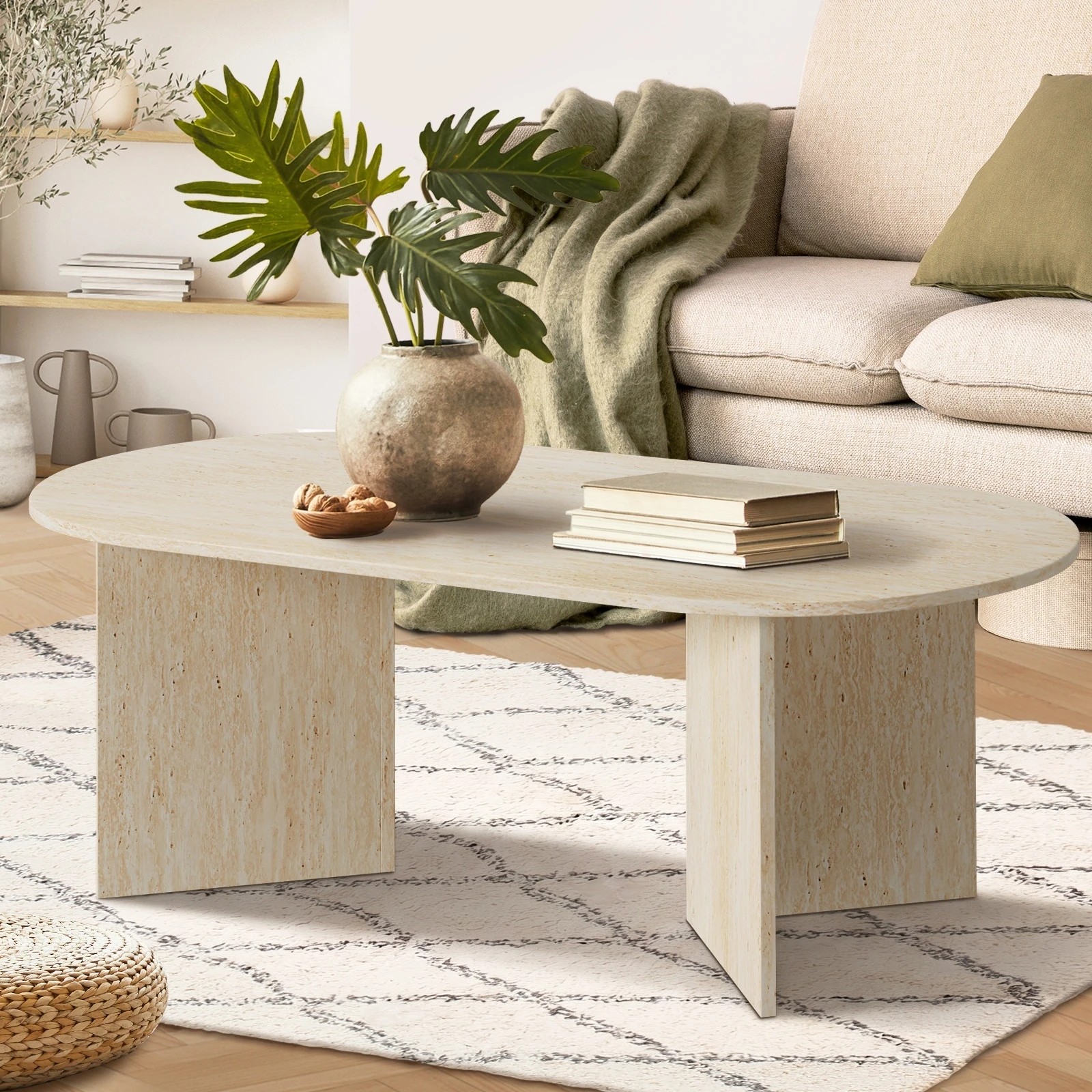 3 Oikiture Coffee Table Sofa End Table Oval Side Cafe Desk Timber - Beige, 3 of 9