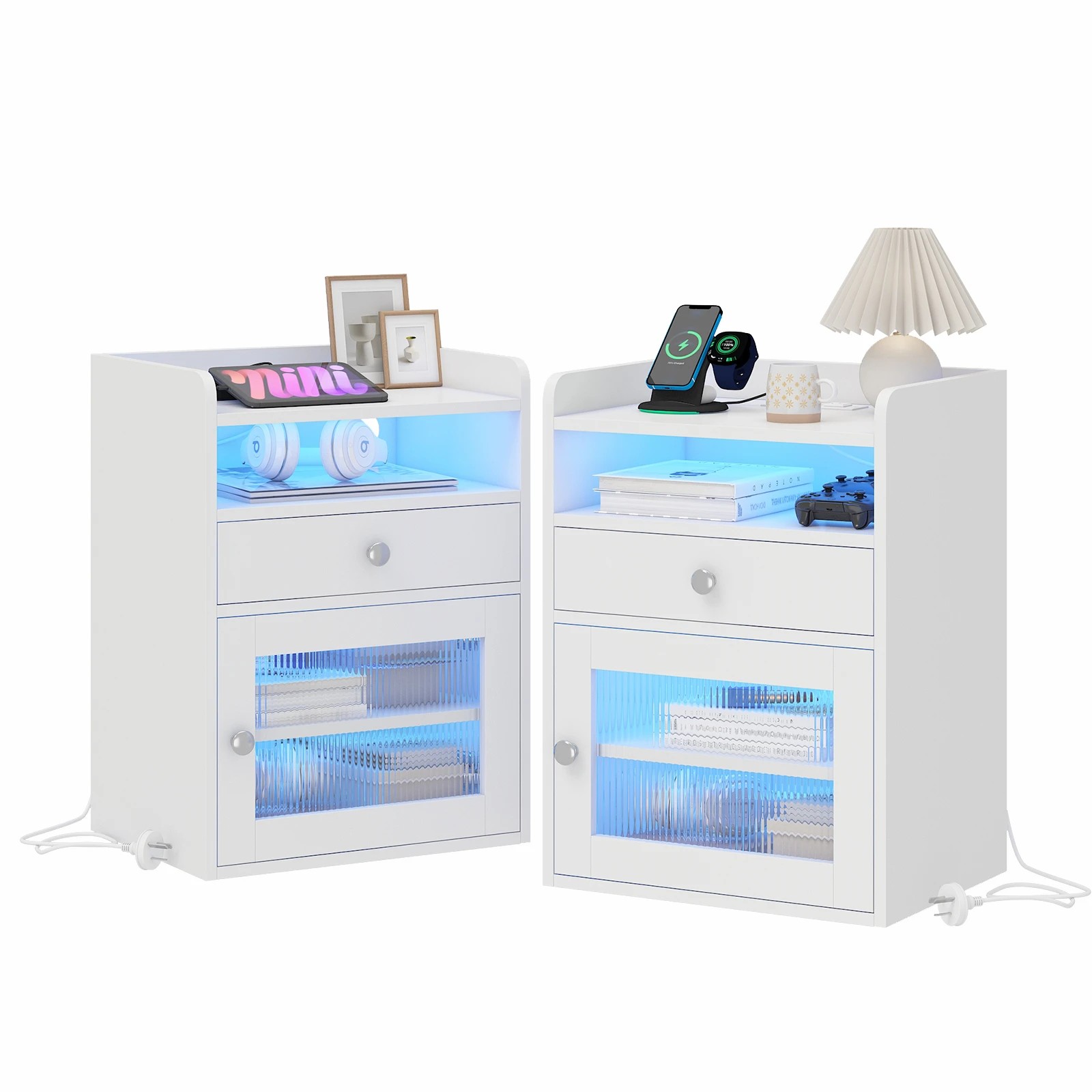 1 Advwin 2xBedside Table Acrylic Door With with Charging Station & LED Light - White, 1 of 8