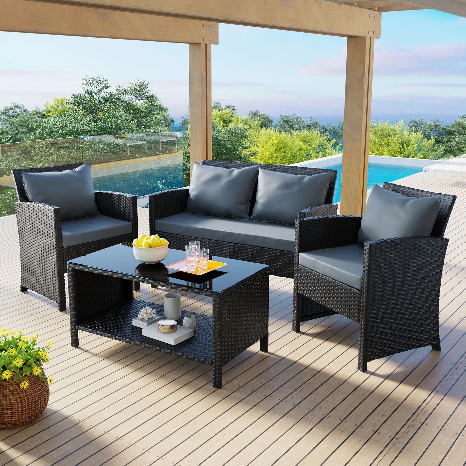 2 Alfordson Outdoor Furniture 4PCS Garden Patio Chairs Table Set Wicker - Black, 2 of 10