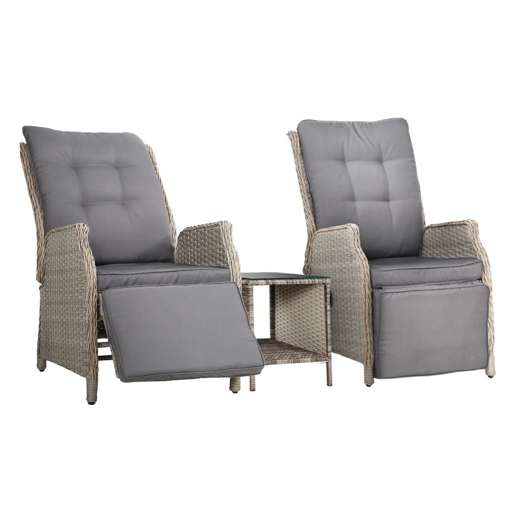1 Gardeon 3PC Recliner Chairs Table Sun lounge Outdoor Furniture Wicker Adjustable - Grey, 1 of 5