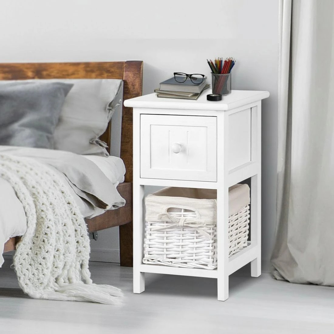 7 Artiss Bedside Table 1 Drawer with Basket Rustic  X2 - White, 7 of 7