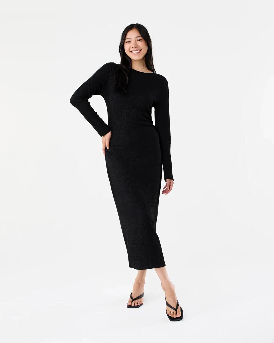 1 Long Sleeve Crinkle Ruched Midi Dress Black, 1 of 8