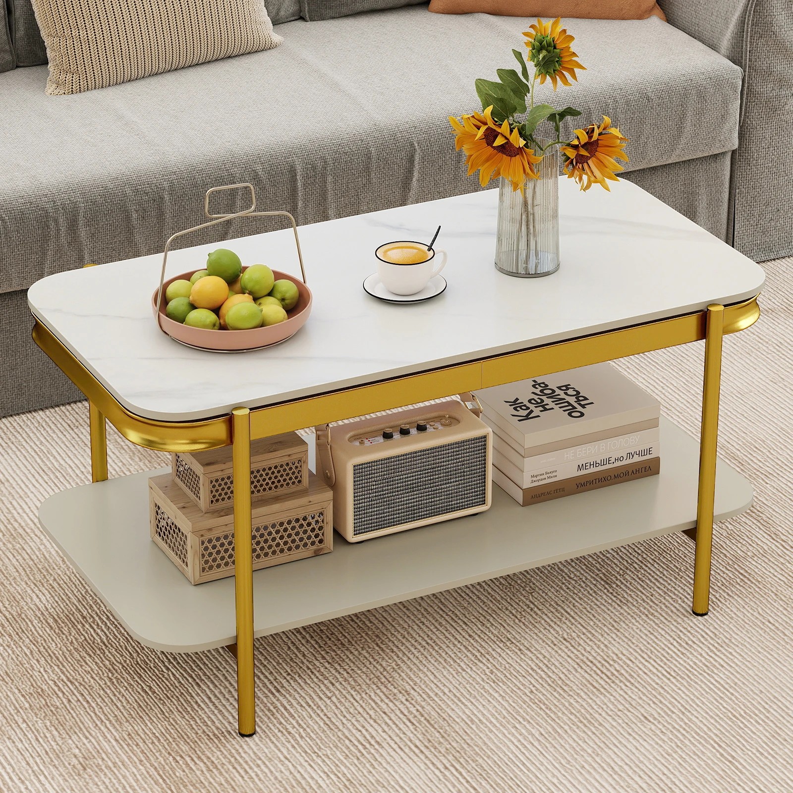 3 Costway 2-Tier Coffee Table Rectangular Center Table Luxurious Accent Cocktail Table, 3 of 6