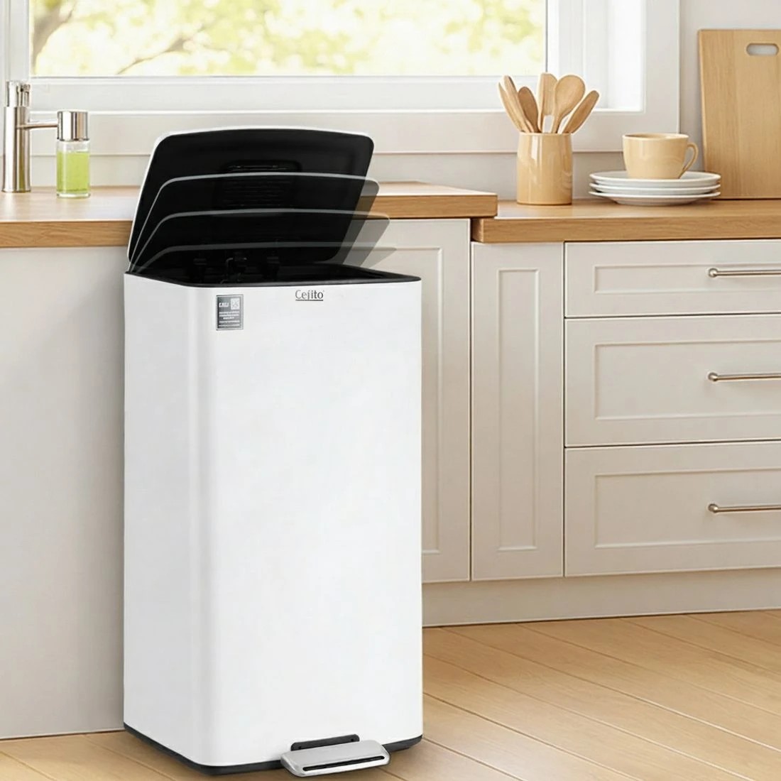 4 Cefito Pedal Bins Rubbish Bin Waste Recycle Dustbins Kitchen Trash Can 40L - White, 4 of 4