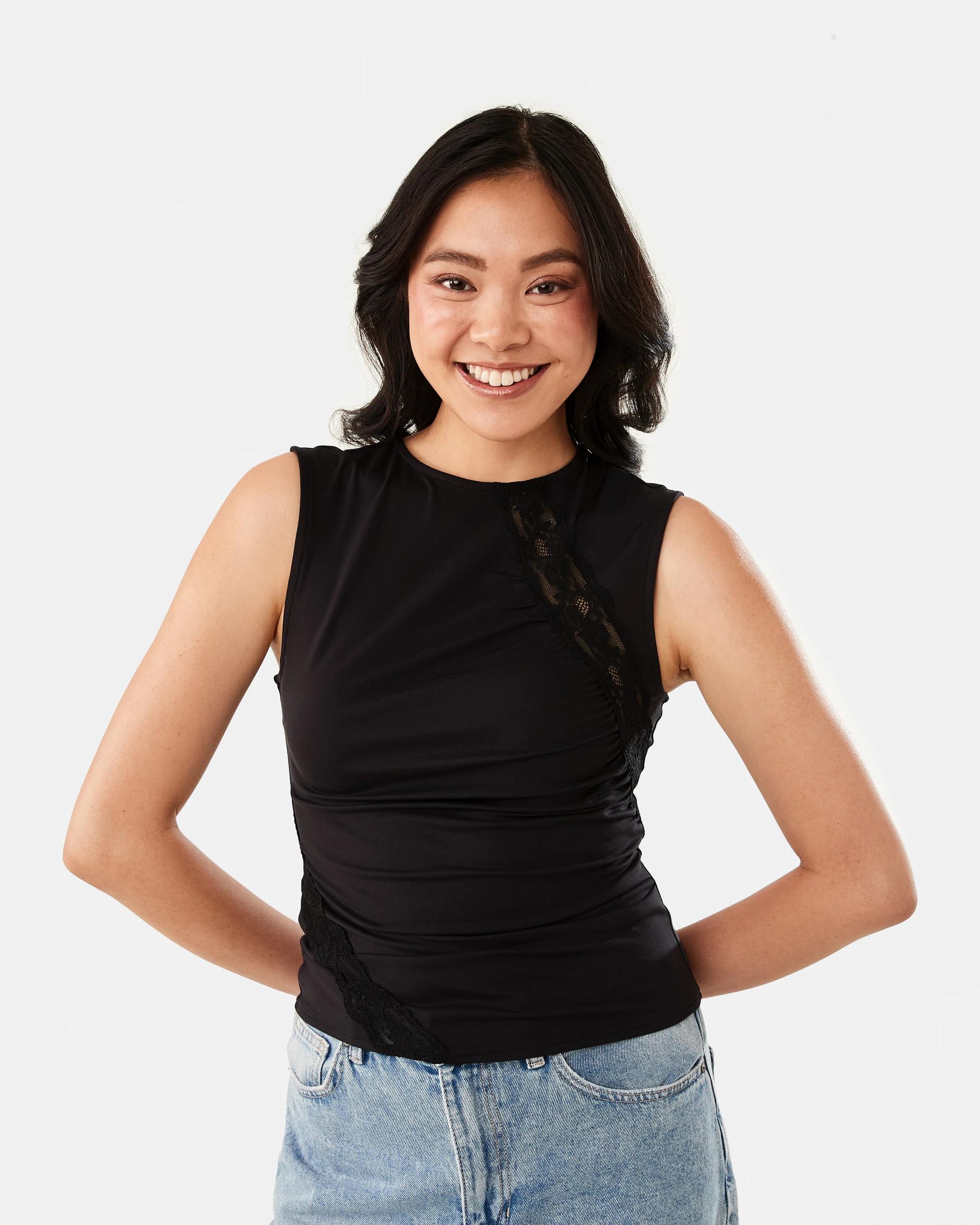 1 Sleeveless Lace Trim Drape Tank Black, 1 of 6