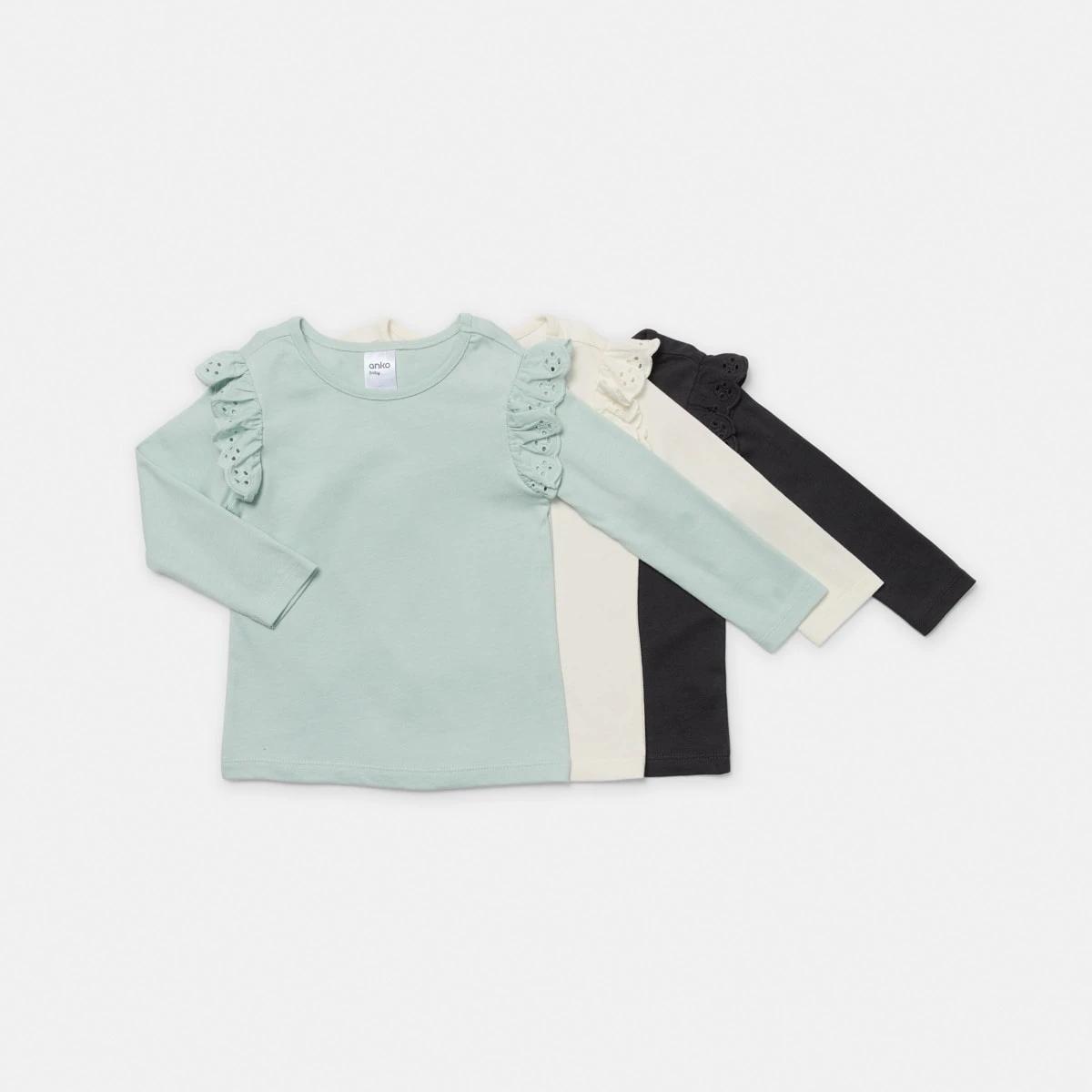 1 3 Pack Long Sleeve Broderie T-shirt Green Grey, 1 of 8