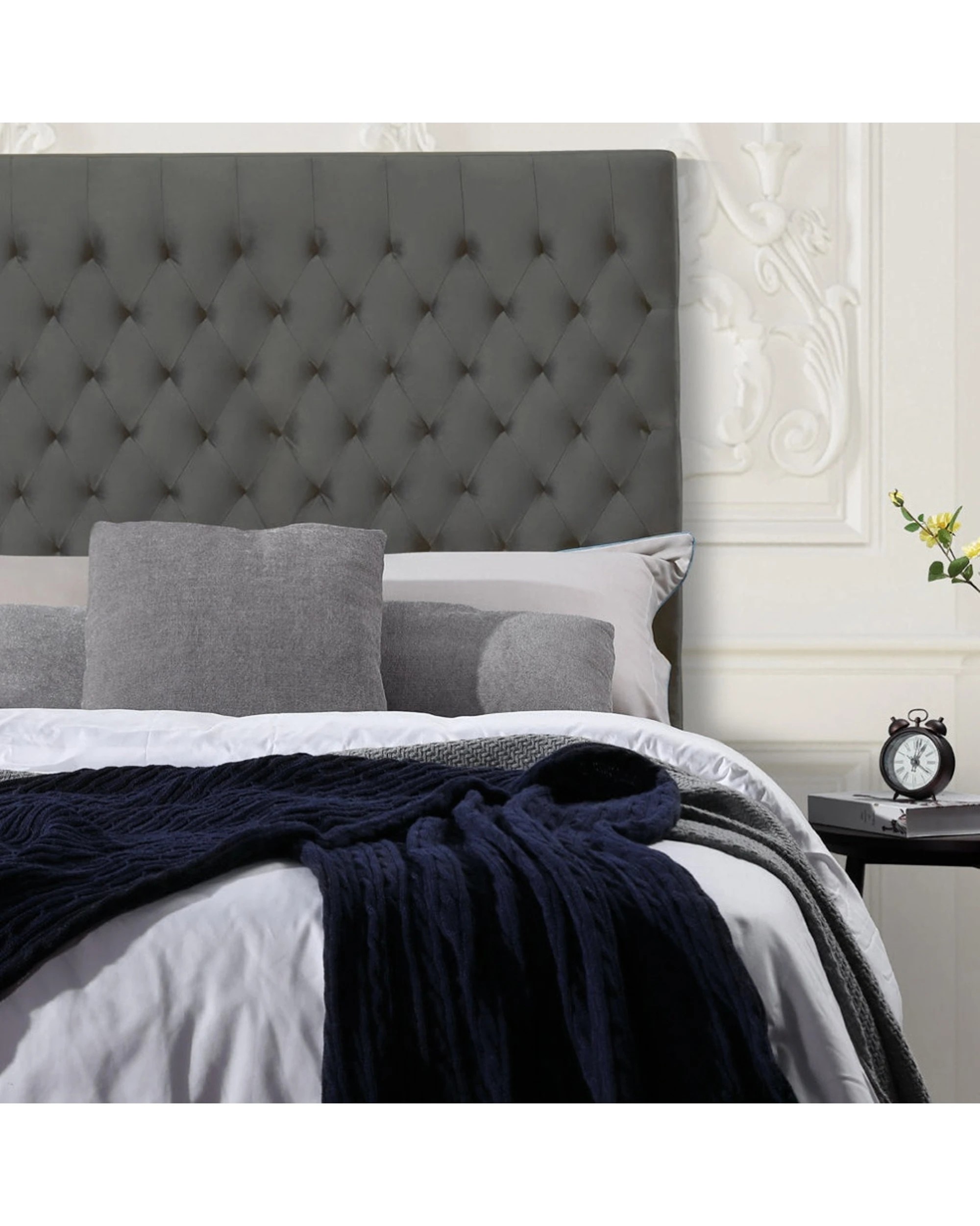 1 Bedding Co Velvet Luxe Bed Head Diamond Button Design - King Bed - Charcoal, 1 of 1