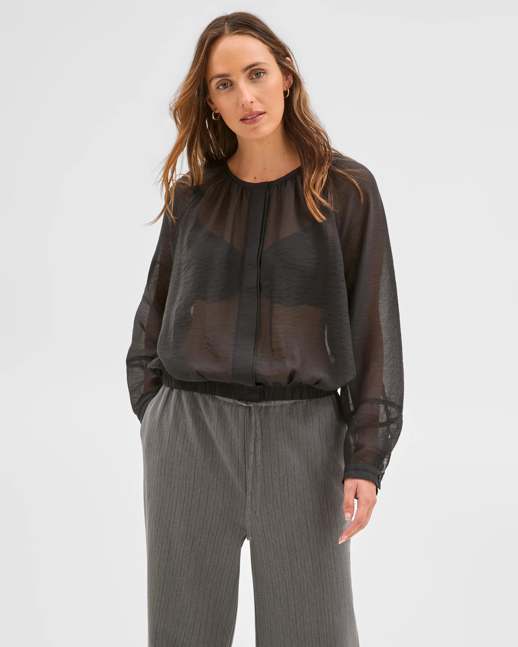 1 Preview Long Raglan Sleeve Gathered Blouse BLACK, 1 of 6
