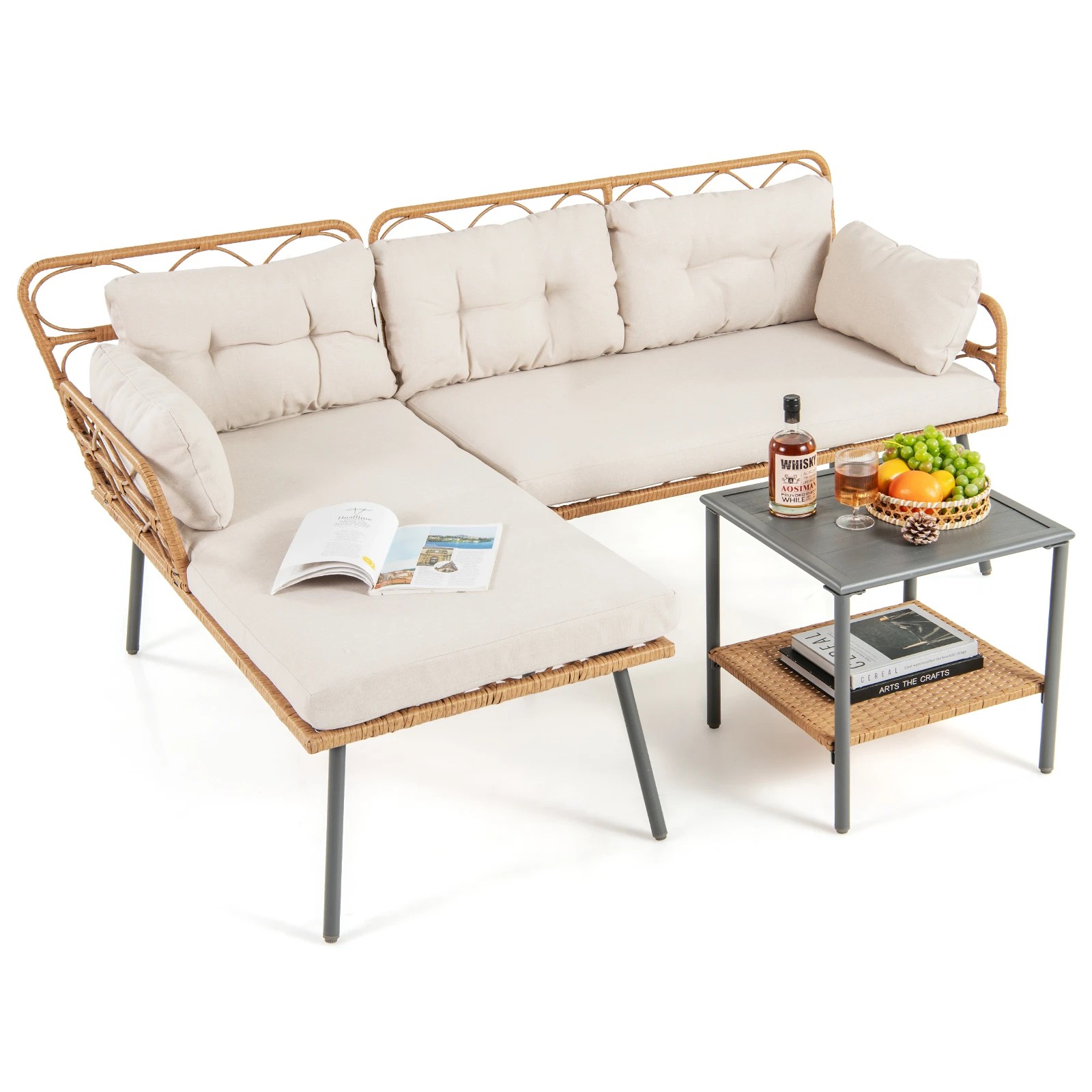 6 Costway 3PCS Patio Furniture PE Rattan L-Shaped Cushioned Sofa Set w/Coffee Table, 6 of 6