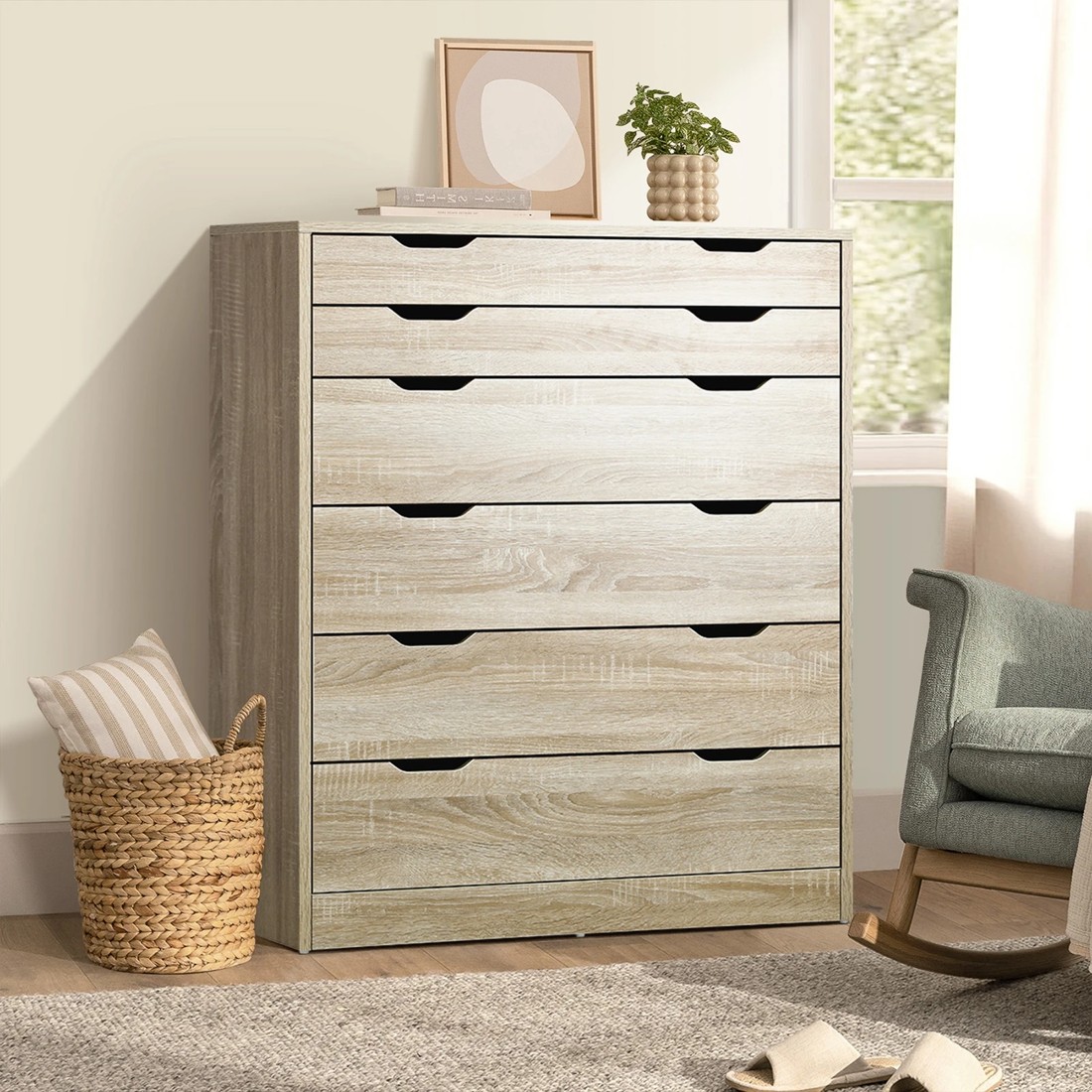 3 Oikiture 6 Chest Of Drawers Tallboy Storage Cabinet Dresser
 - Natural, 3 of 10