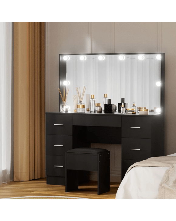 Artiss Dressing Table Vanity Desk Set Stool 10 Led Bulbs - Black - Kmart