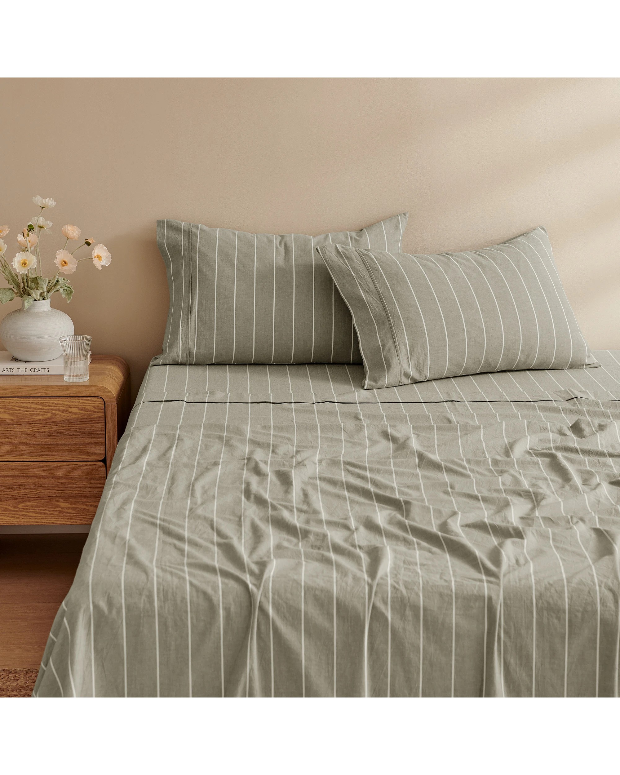 2 Dreamaker Rumi Stripe Washed Cotton Sheet Set - King Single Bed - Olive with White, 2 of 7