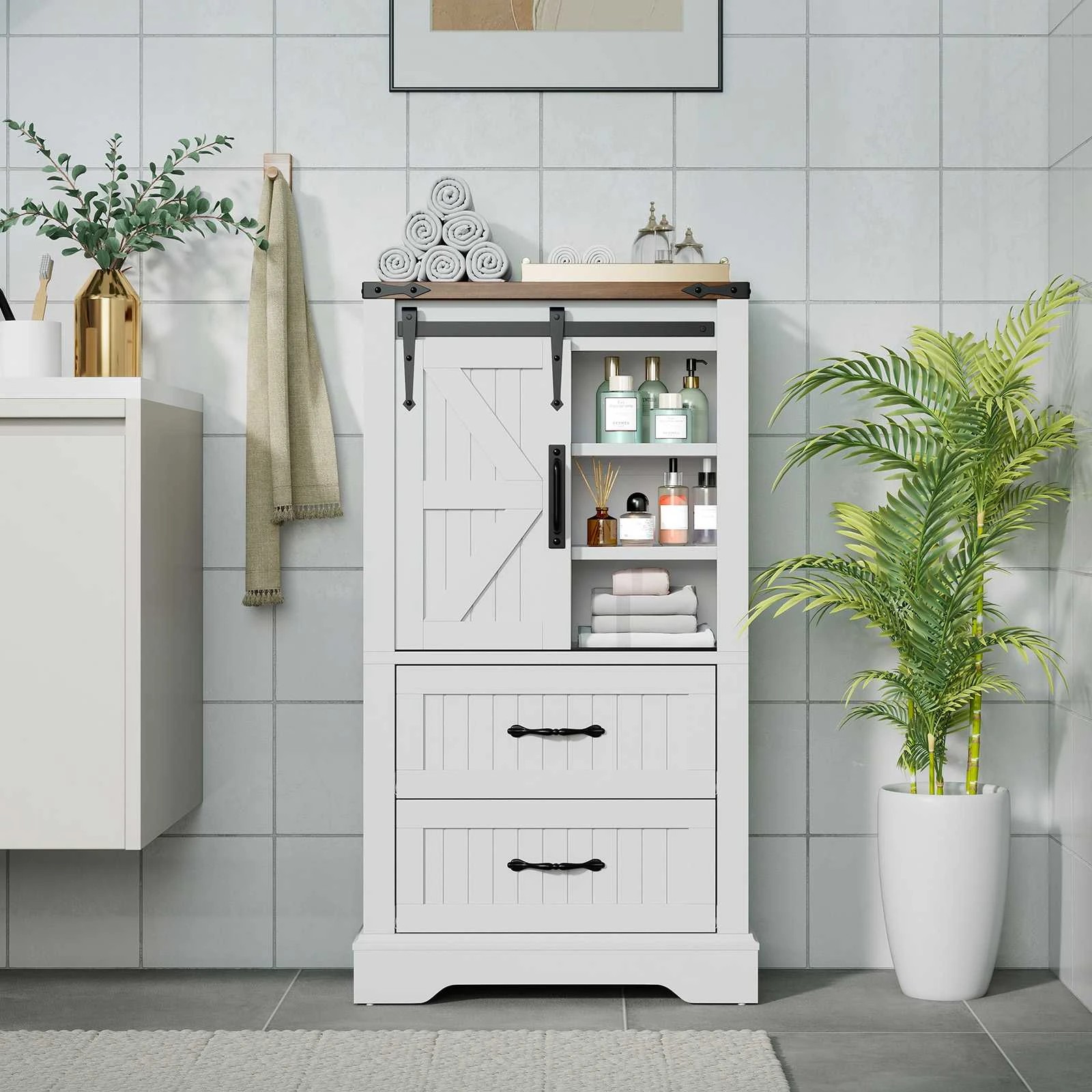 3 Costway Farmhouse Bathroom Floor Cabinet w/2 Storage Drawers & Sliding Door, 3 of 4