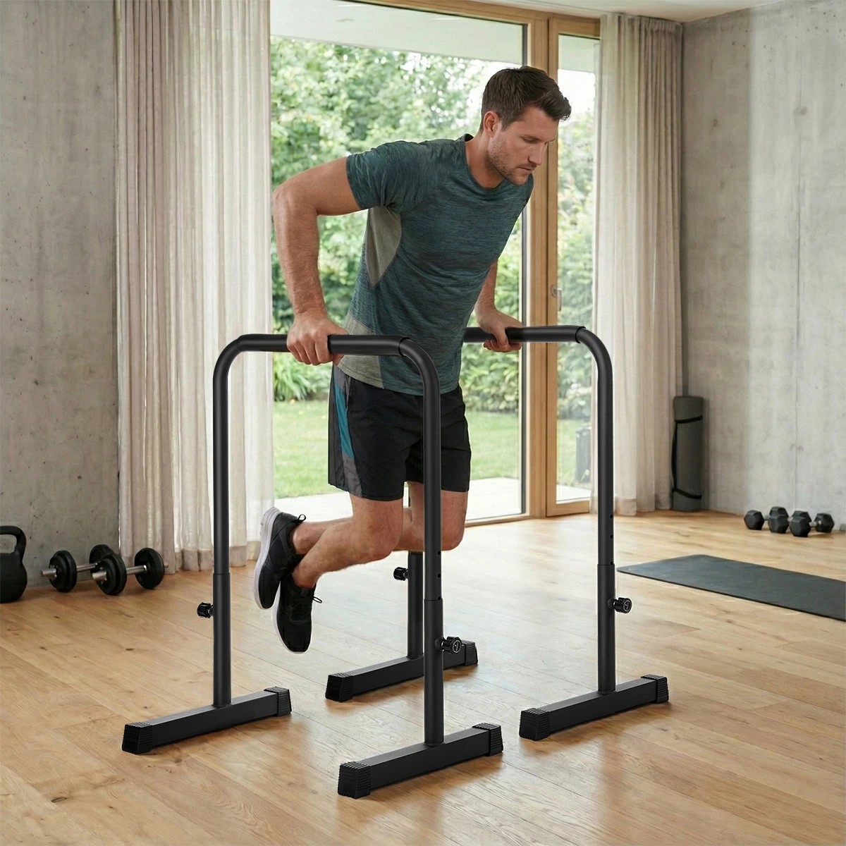 6 Finex Parallel Dip Bar Station Adjustable Dip Stand Station Push Up - Black, 6 of 8